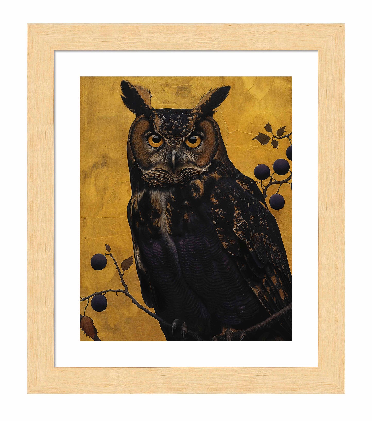 Golden Gaze - Great Horned Owl Among Berries - Art Prints
