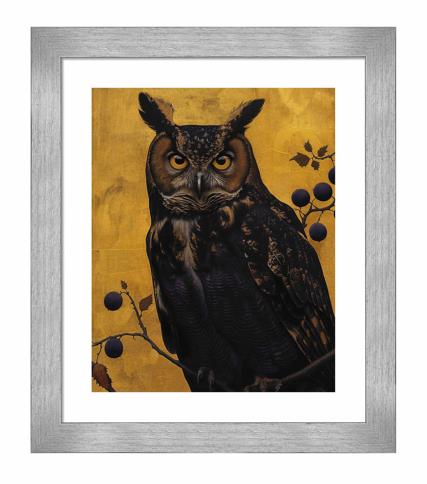 Golden Gaze - Great Horned Owl Among Berries - Art Prints