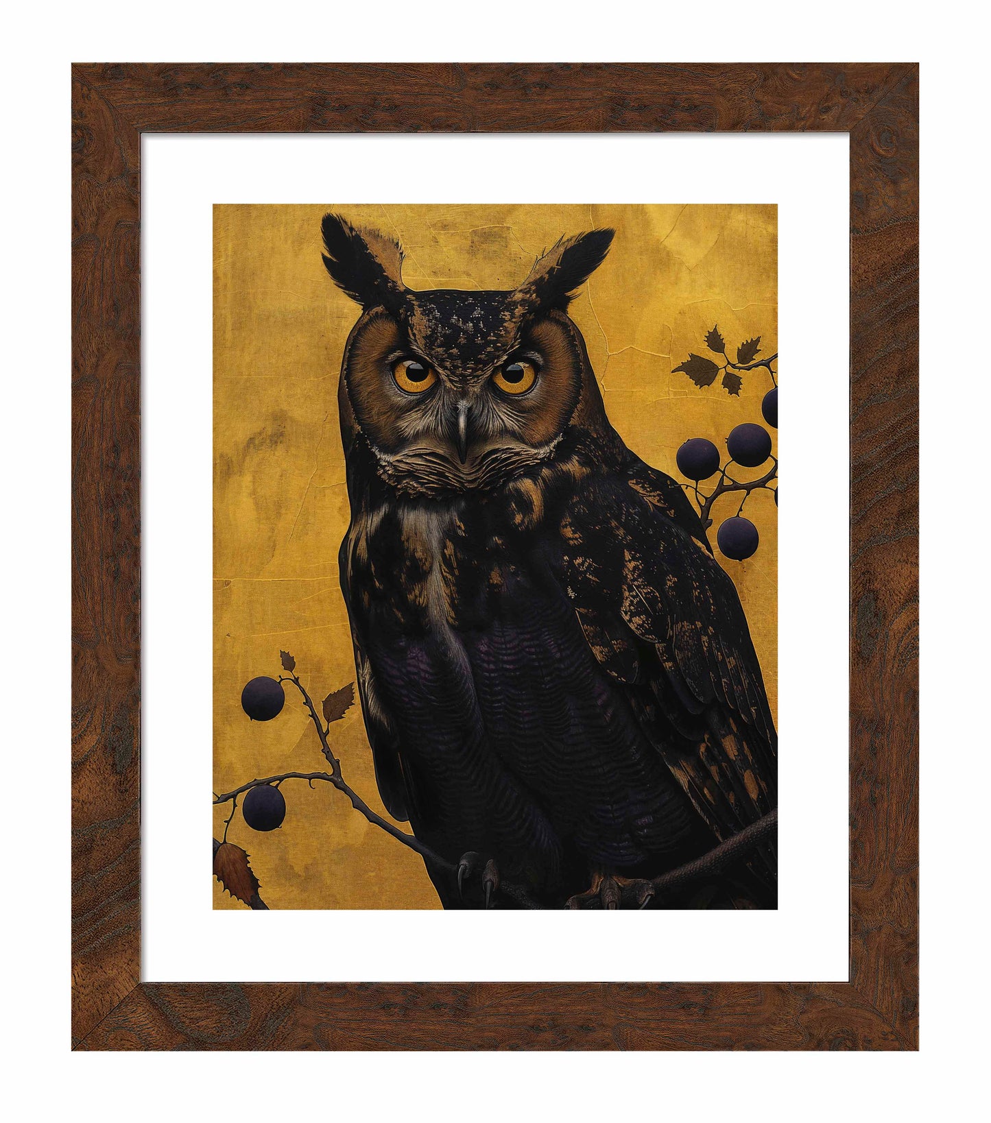 Golden Gaze - Great Horned Owl Among Berries - Art Prints