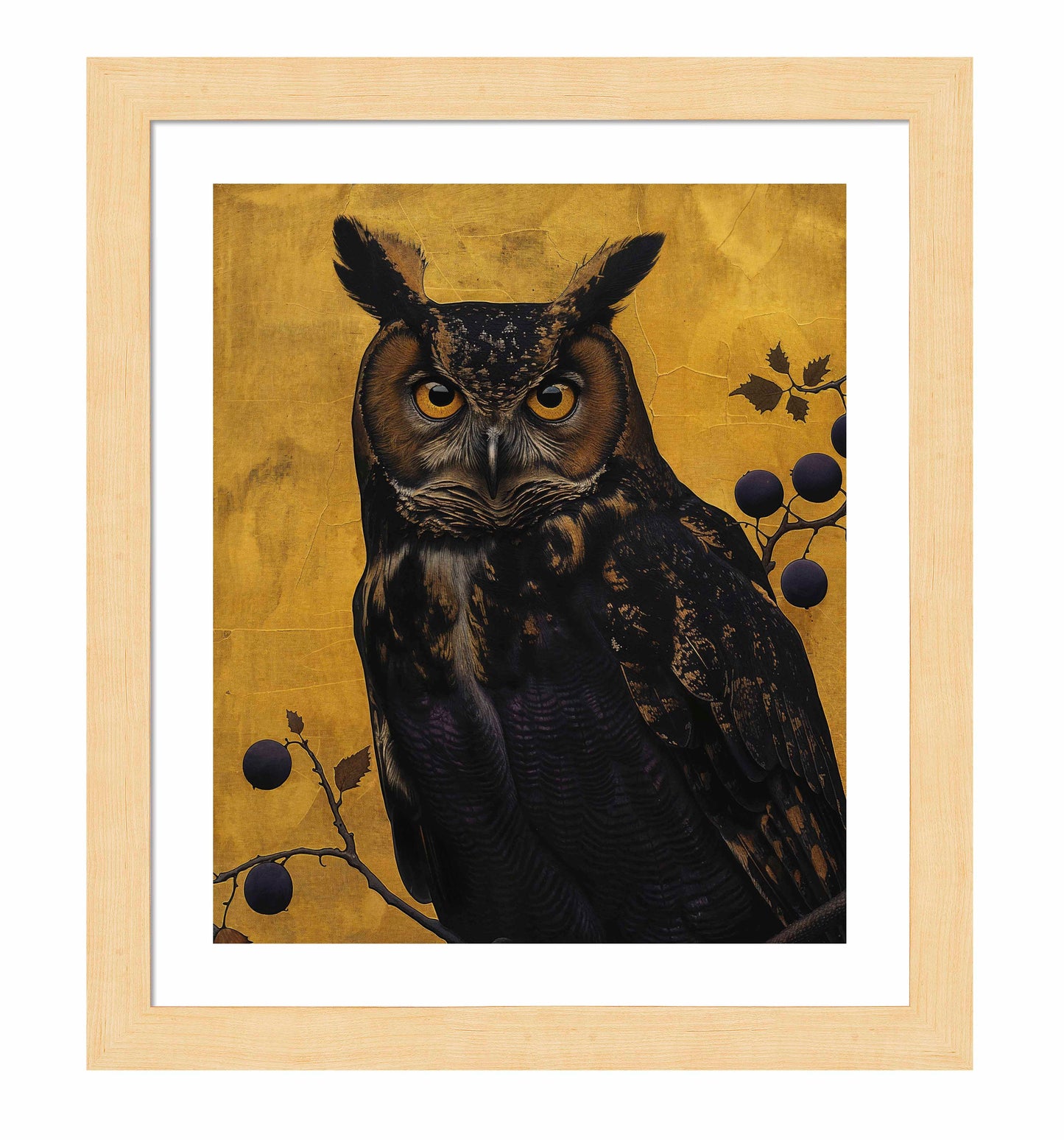 Golden Gaze - Great Horned Owl Among Berries - Art Prints