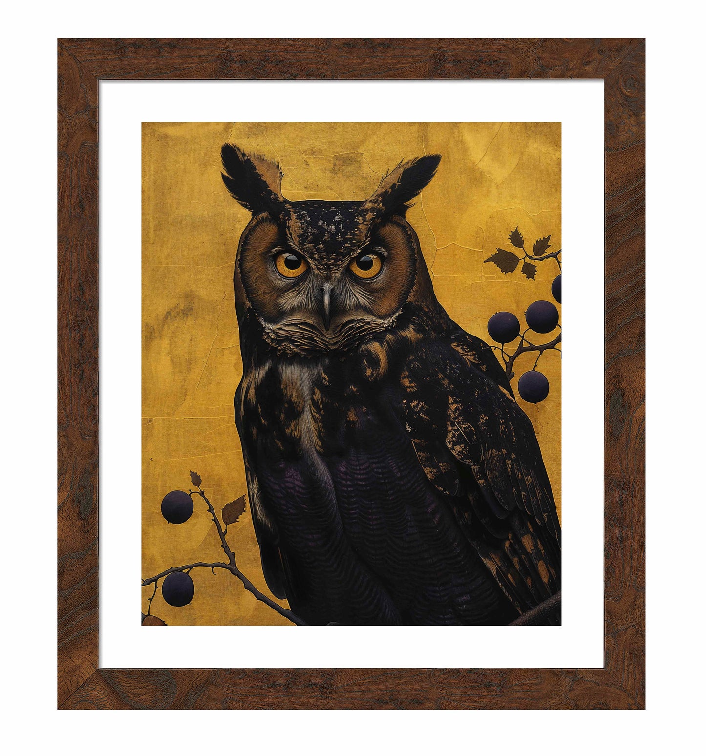 Golden Gaze - Great Horned Owl Among Berries - Art Prints