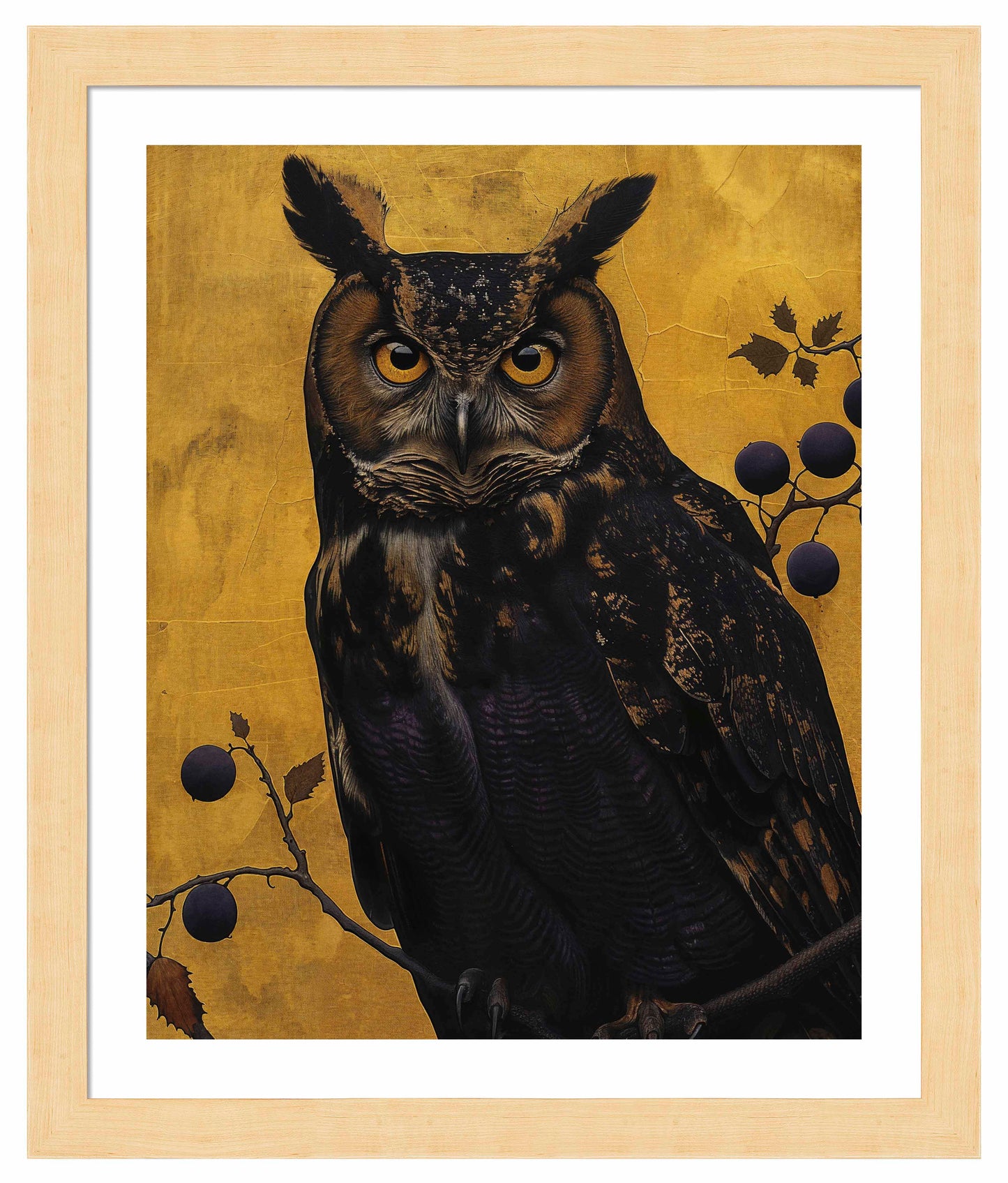 Golden Gaze - Great Horned Owl Among Berries - Art Prints