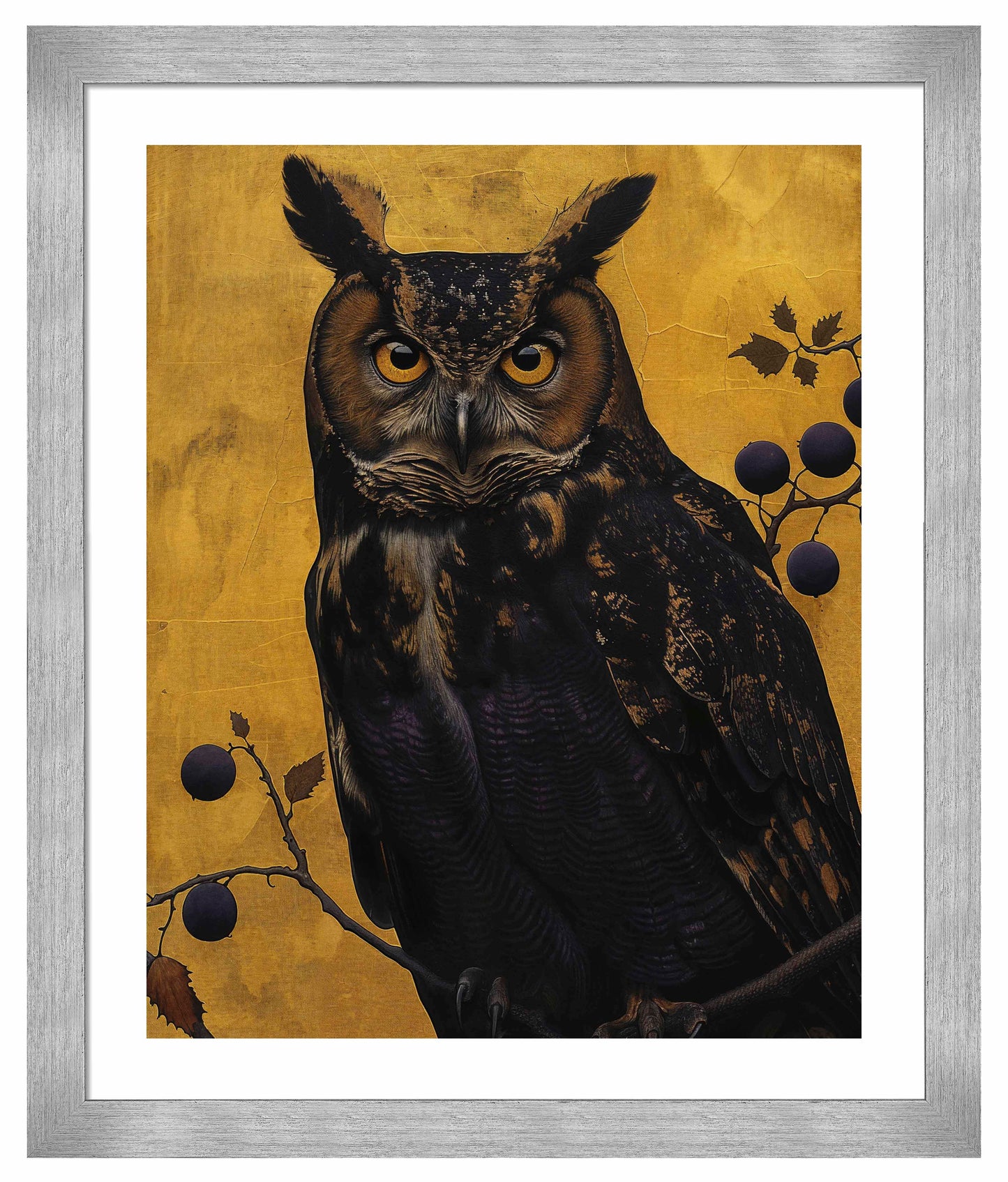 Golden Gaze - Great Horned Owl Among Berries - Art Prints
