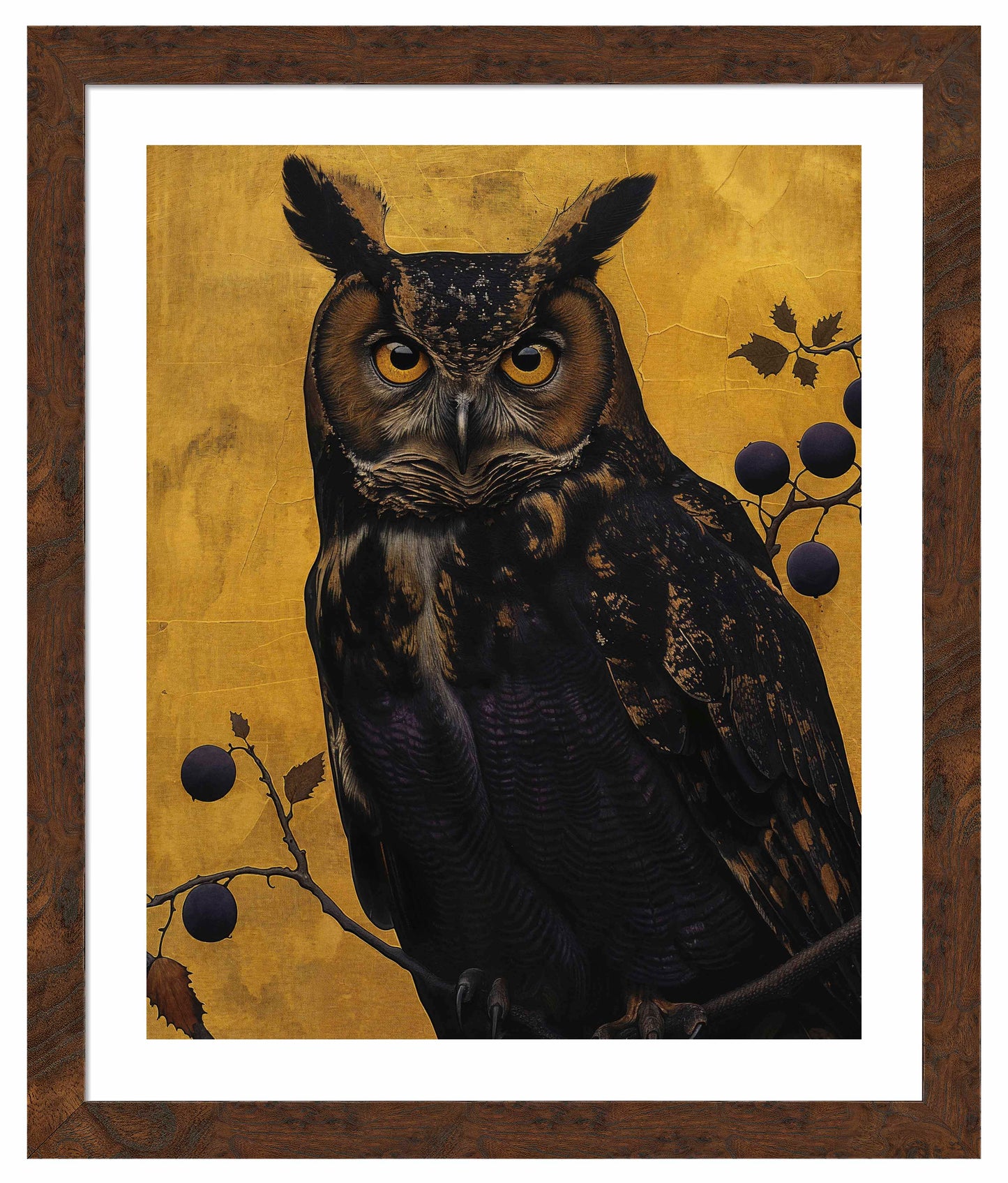 Golden Gaze - Great Horned Owl Among Berries - Art Prints