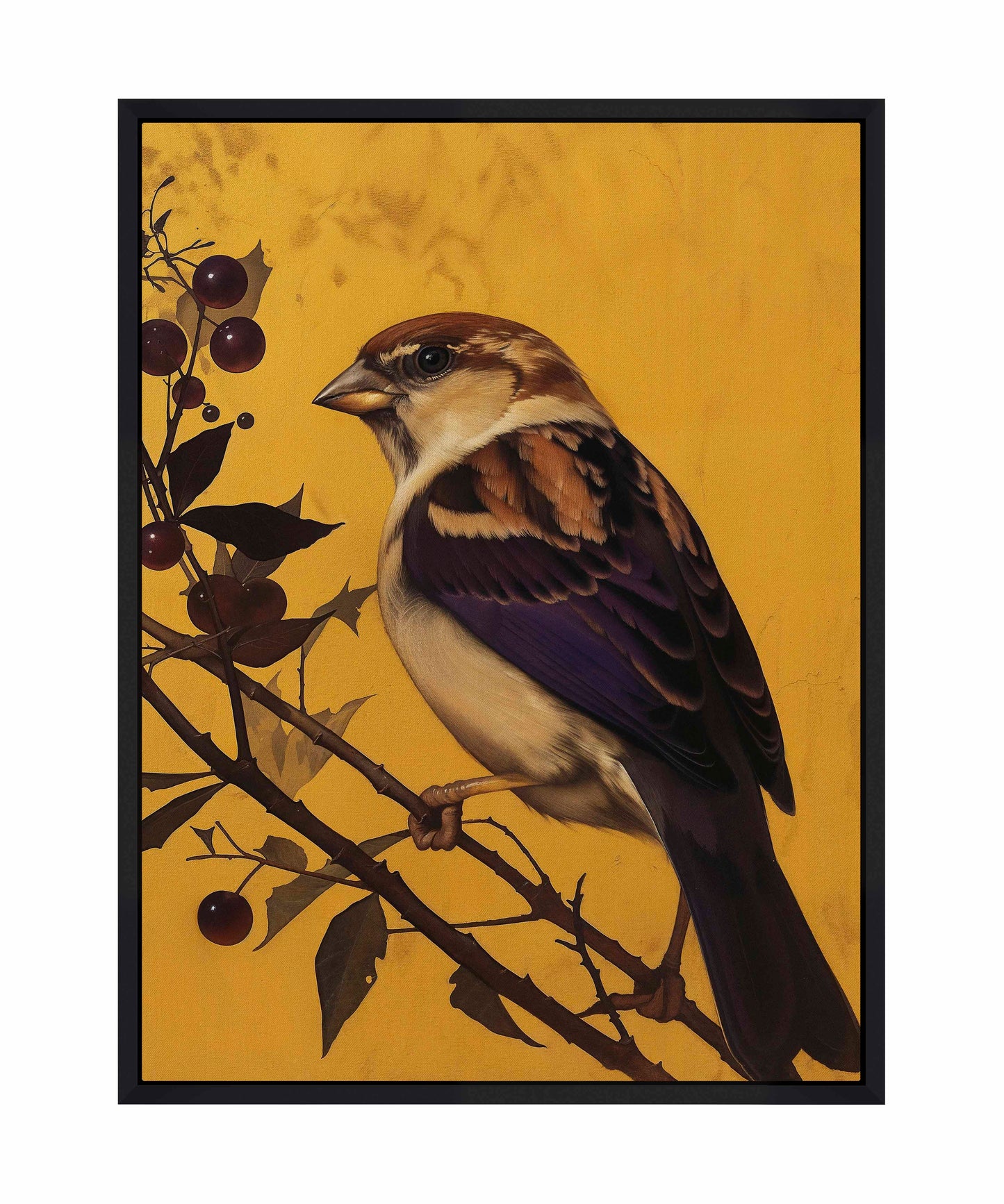 Golden Perch - Sparrow Among Dark Berries - Gallery Wrapped Canvas