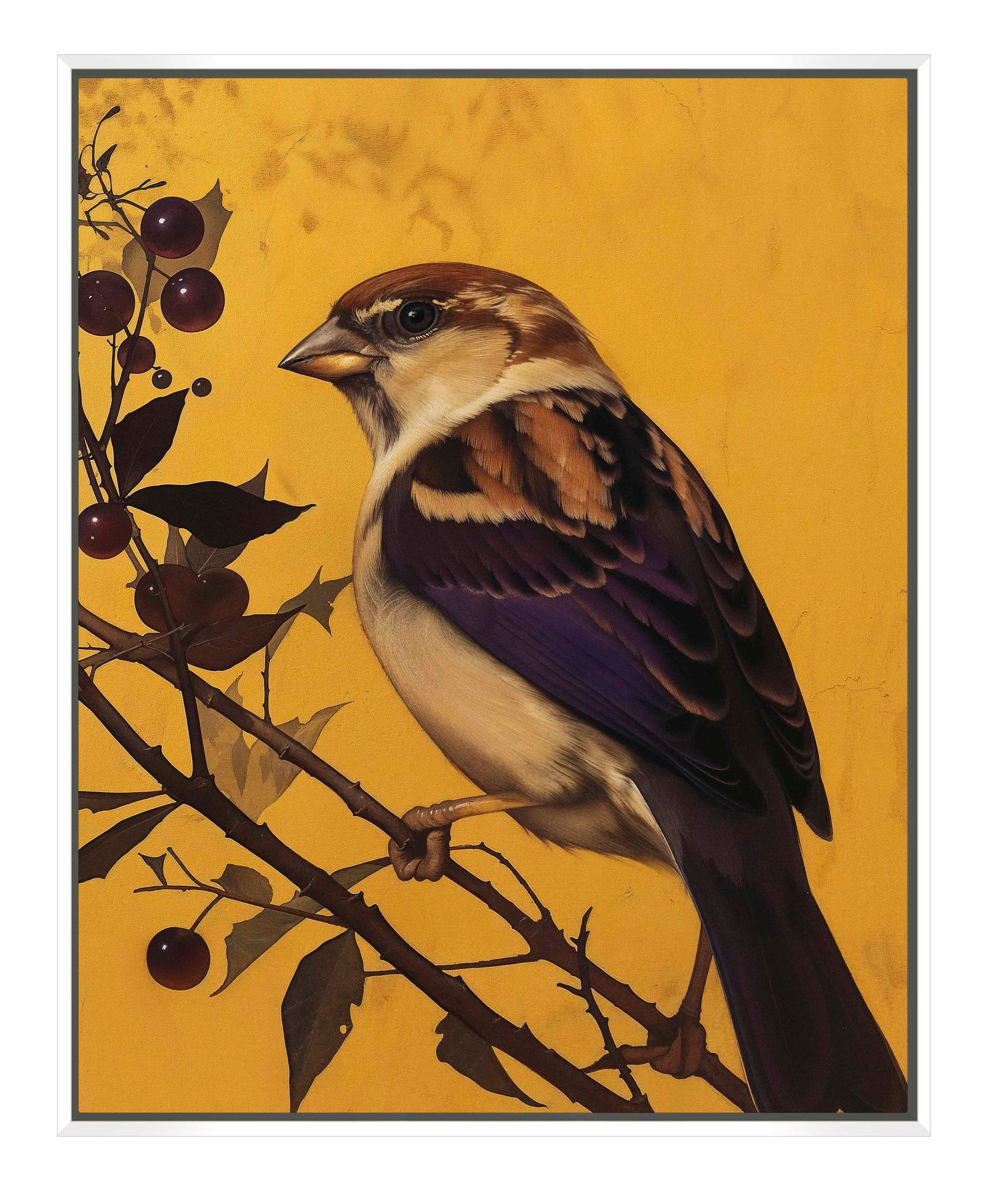 Golden Perch - Sparrow Among Dark Berries - Gallery Wrapped Canvas