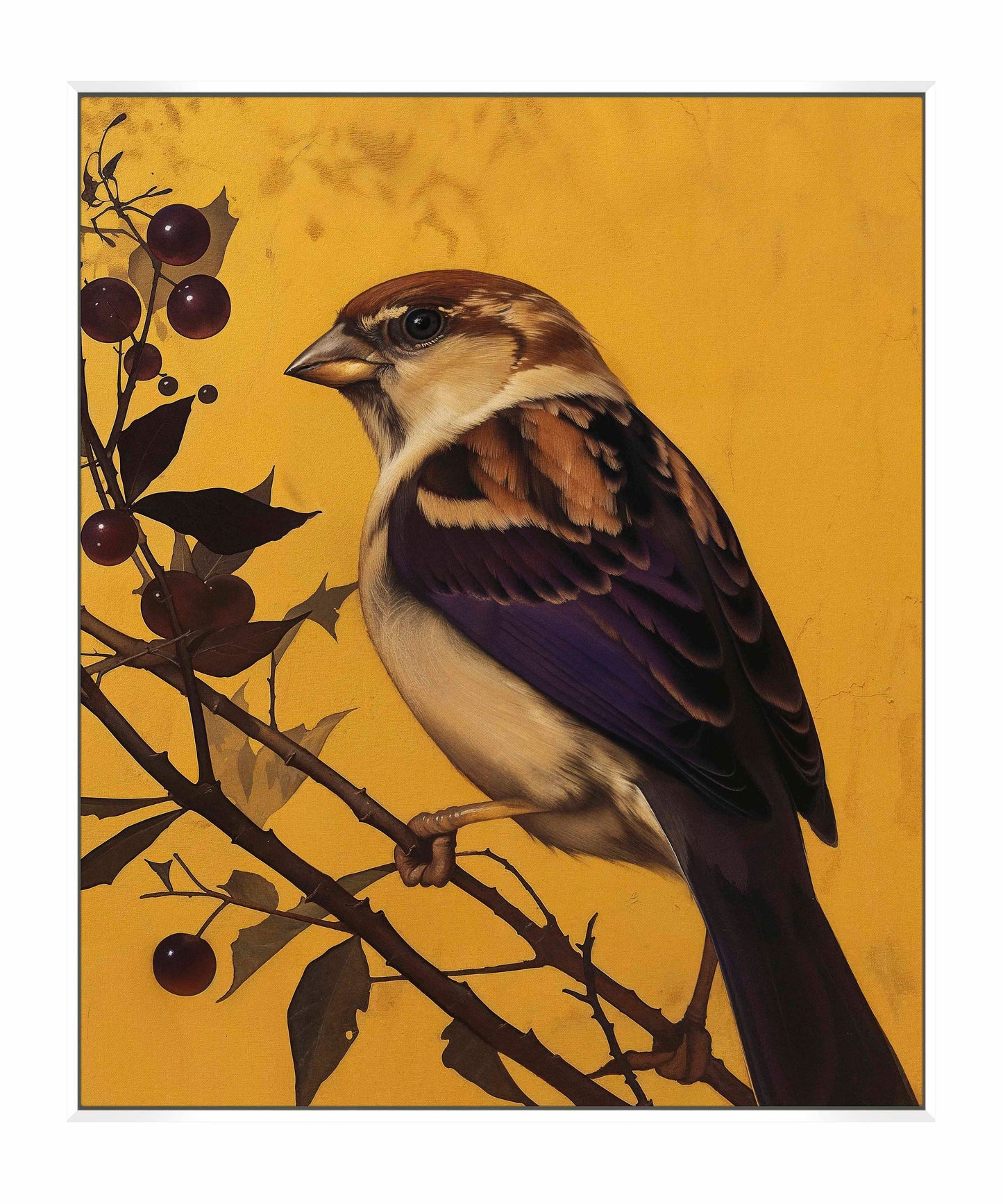 Golden Perch - Sparrow Among Dark Berries - Gallery Wrapped Canvas