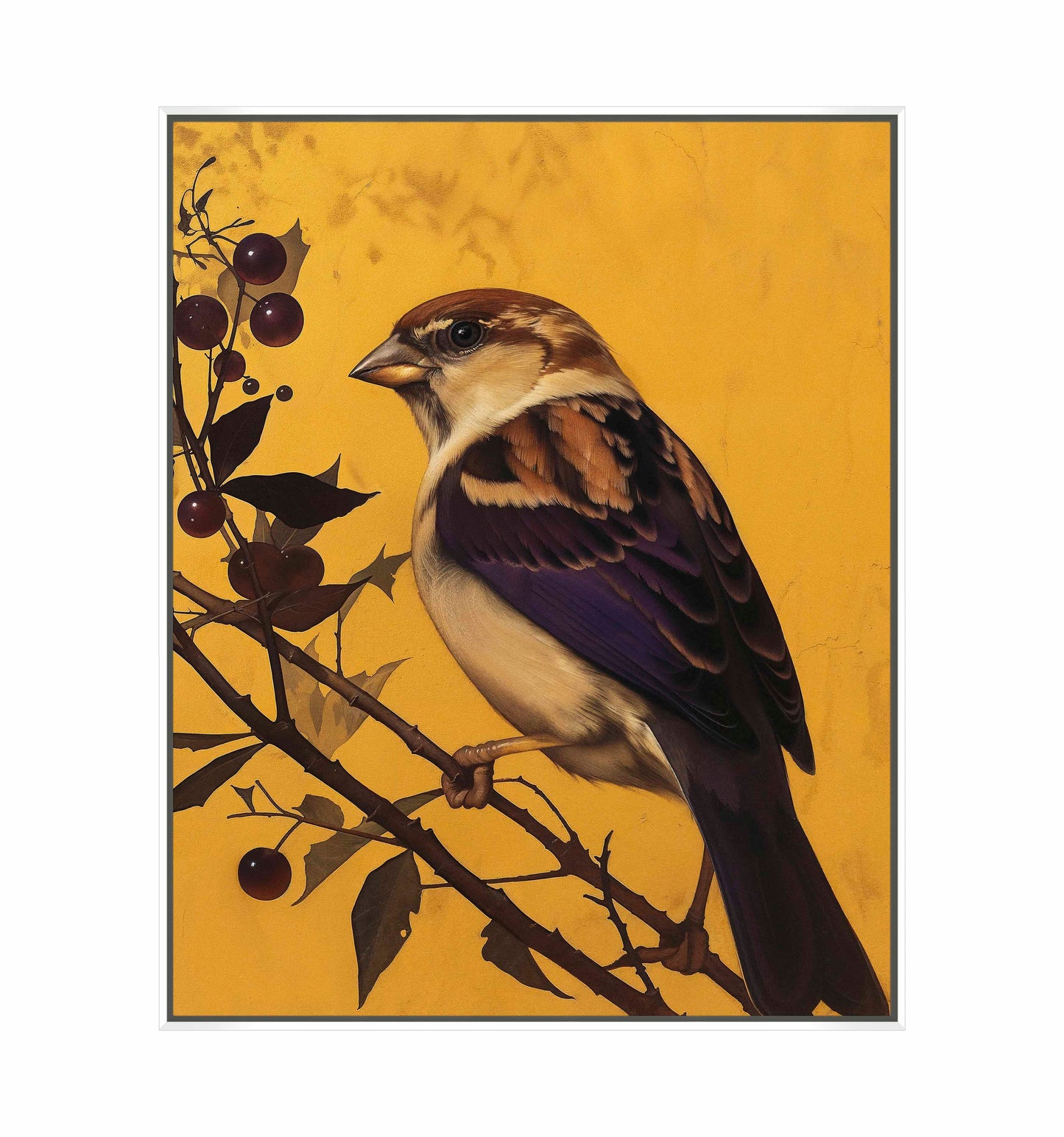 Golden Perch - Sparrow Among Dark Berries - Gallery Wrapped Canvas