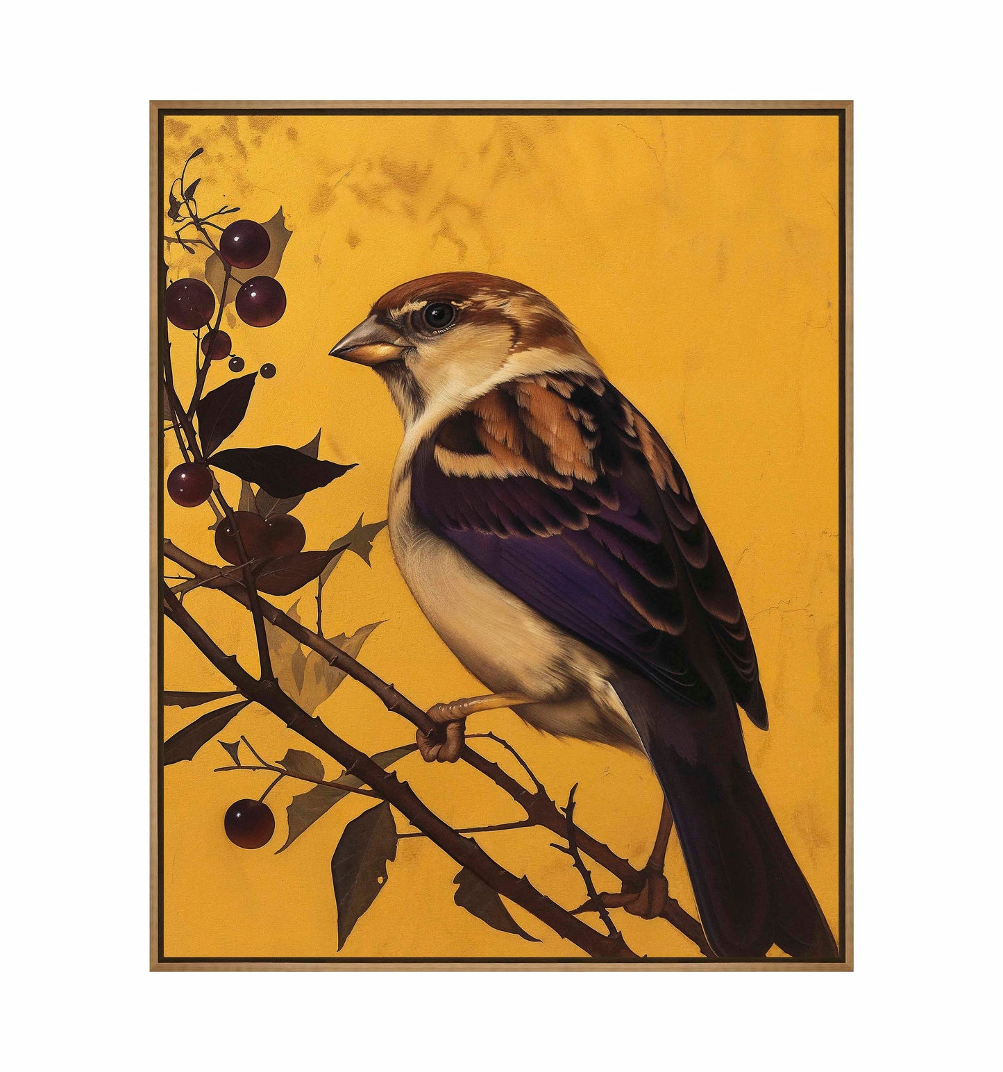 Golden Perch - Sparrow Among Dark Berries - Gallery Wrapped Canvas
