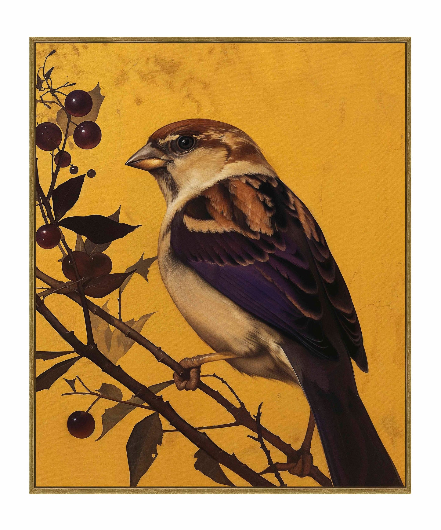 Golden Perch - Sparrow Among Dark Berries - Gallery Wrapped Canvas