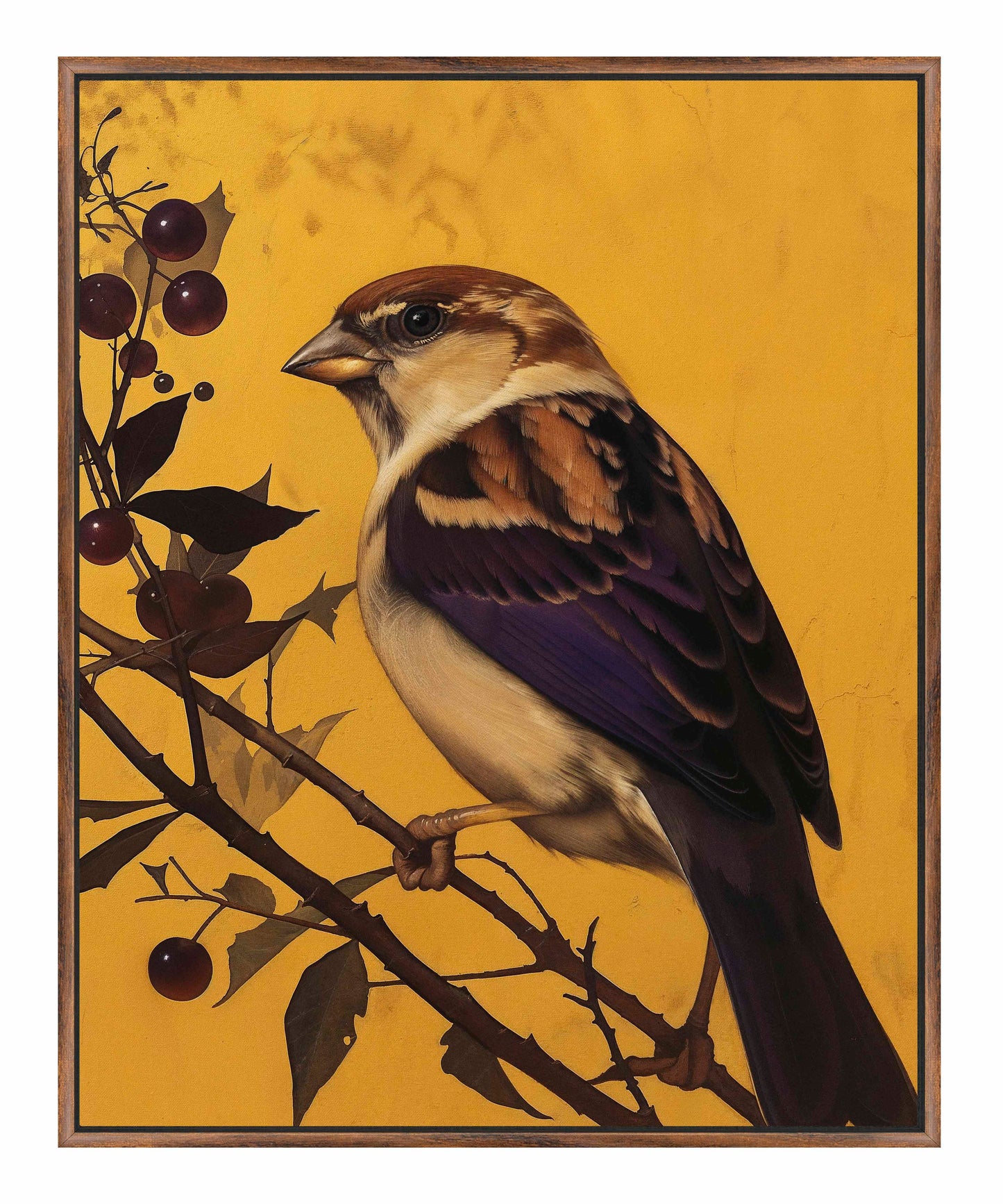 Golden Perch - Sparrow Among Dark Berries - Gallery Wrapped Canvas
