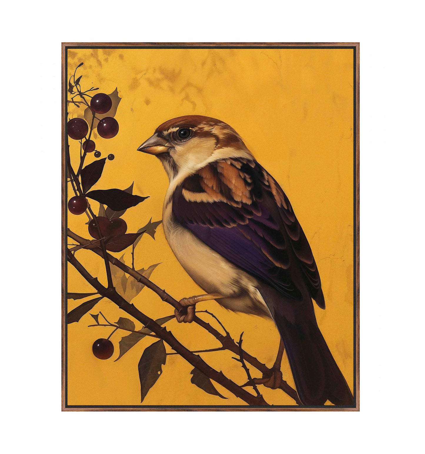 Golden Perch - Sparrow Among Dark Berries - Gallery Wrapped Canvas
