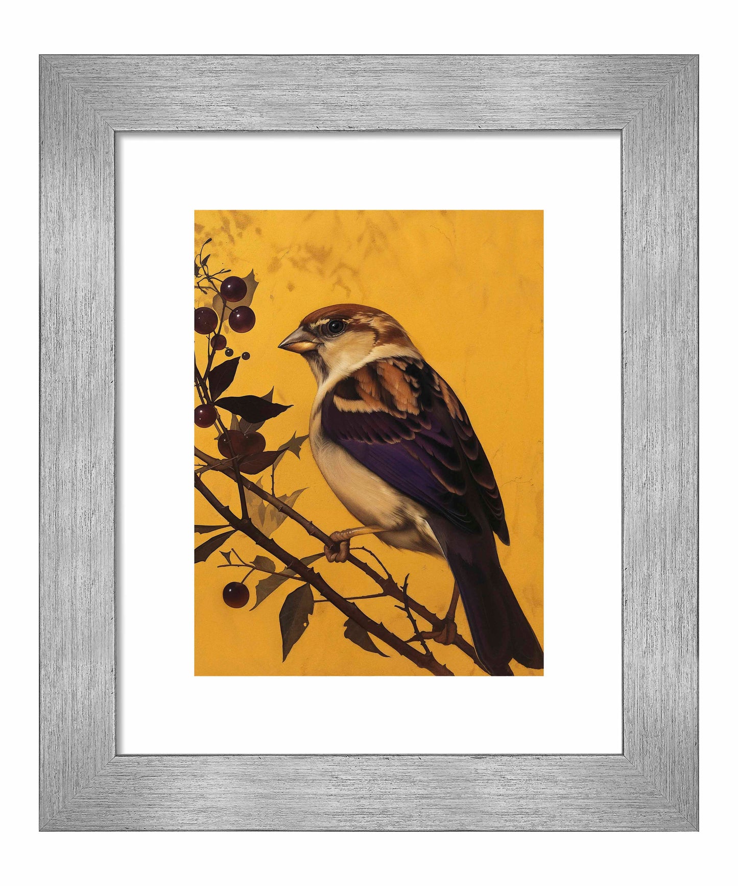 Golden Perch - Sparrow Among Dark Berries - Art Prints