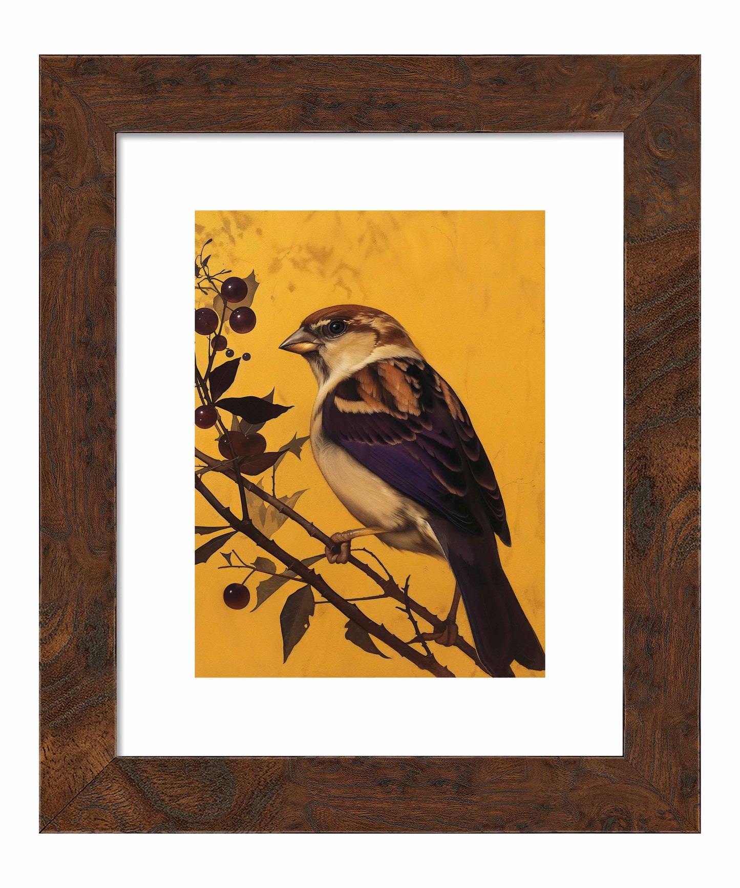 Golden Perch - Sparrow Among Dark Berries - Art Prints