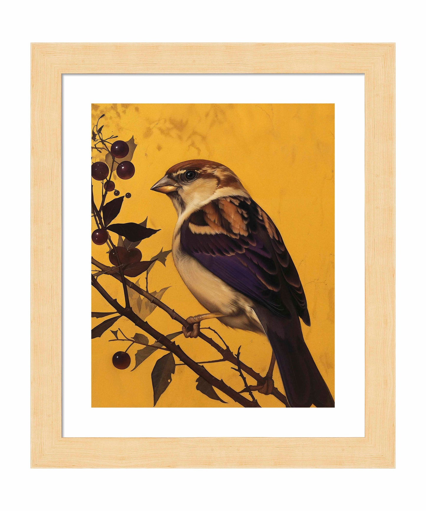 Golden Perch - Sparrow Among Dark Berries - Art Prints