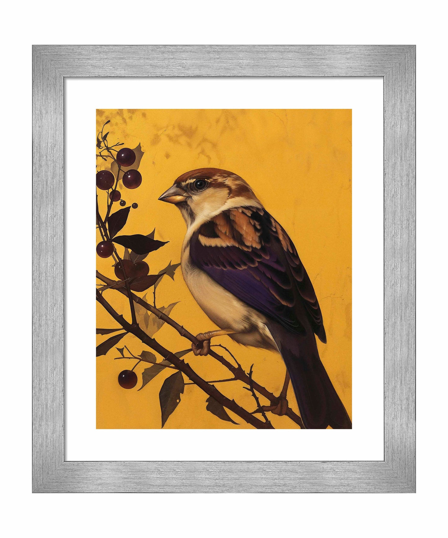 Golden Perch - Sparrow Among Dark Berries - Art Prints