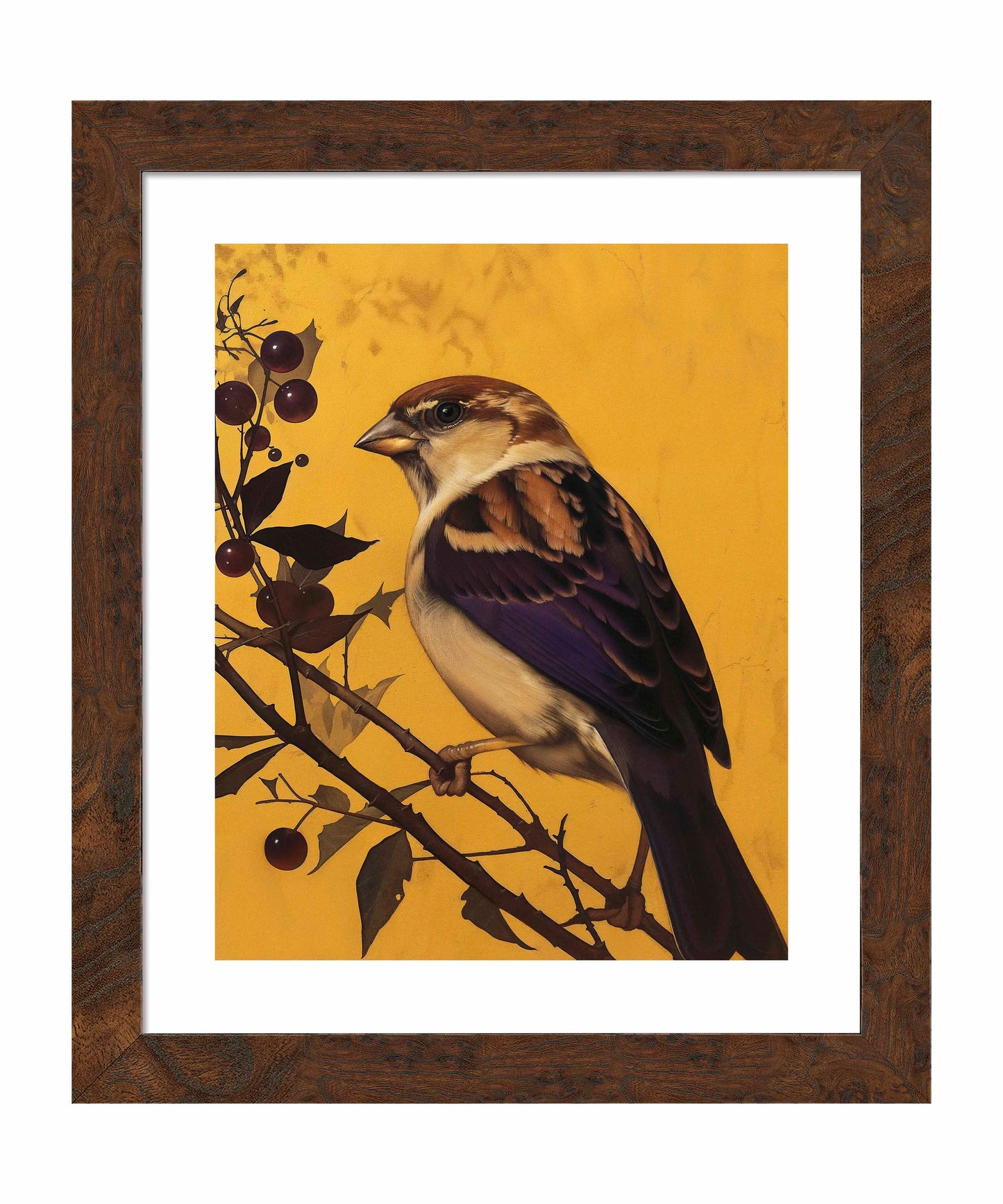 Golden Perch - Sparrow Among Dark Berries - Art Prints