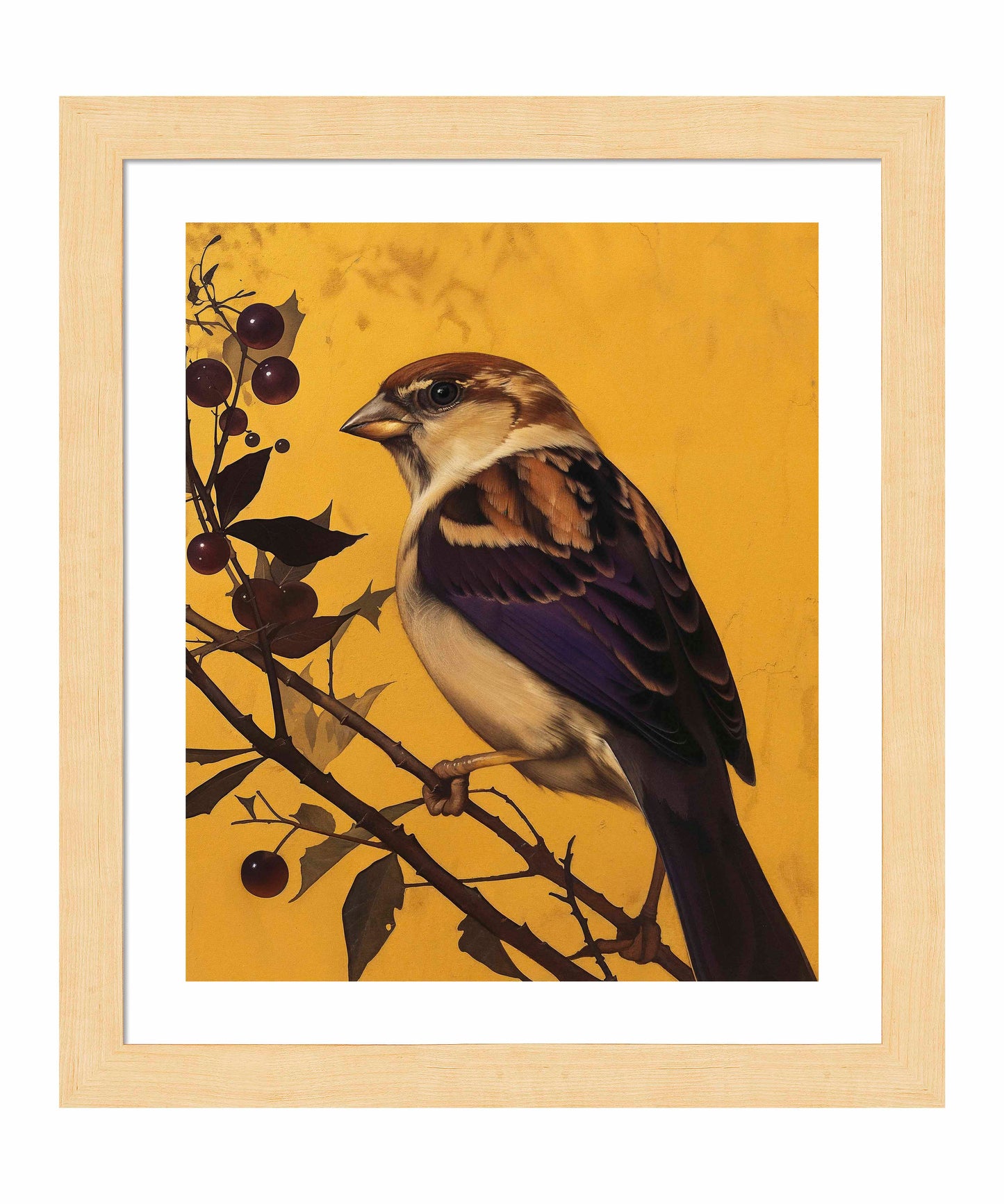 Golden Perch - Sparrow Among Dark Berries - Art Prints