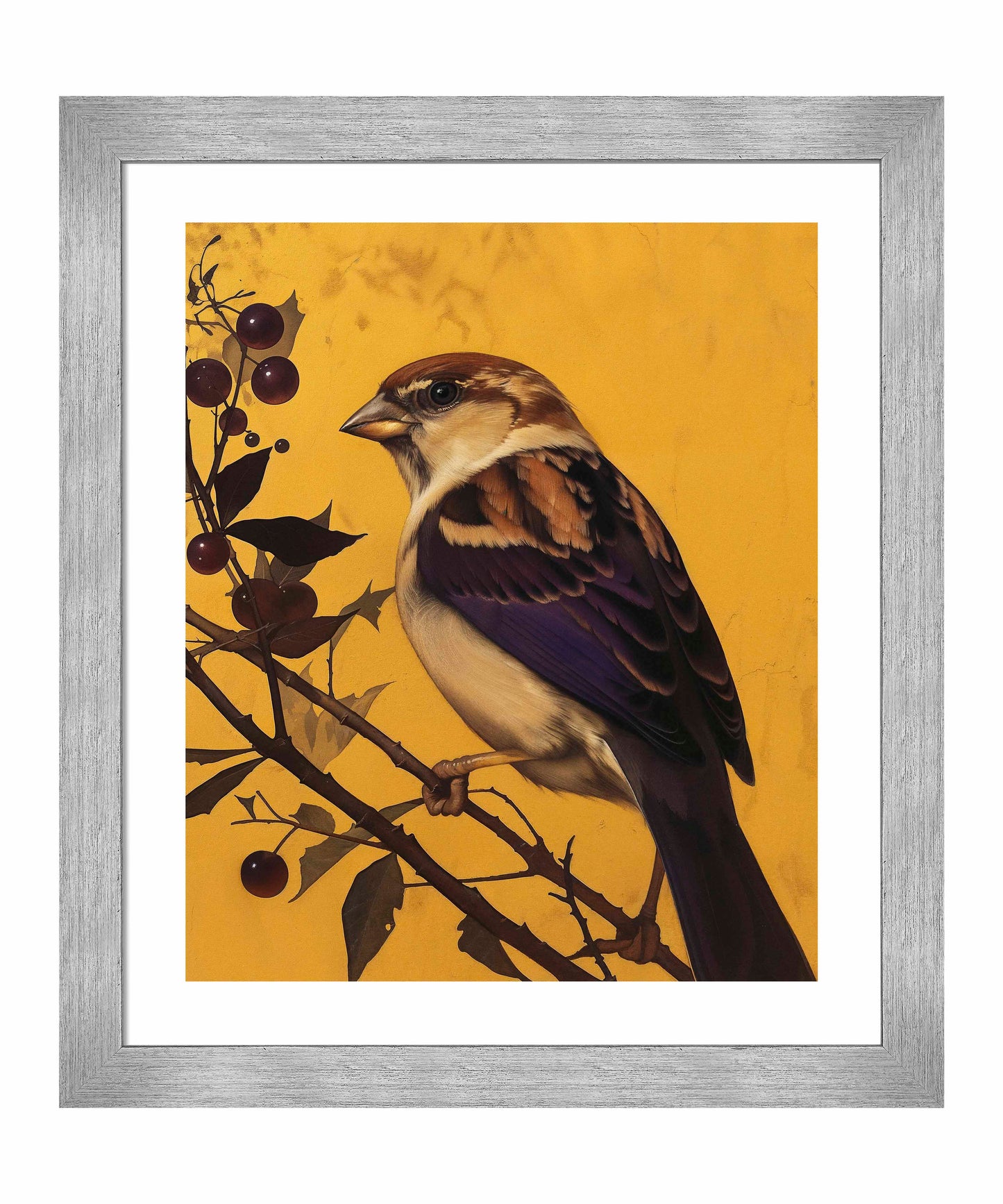 Golden Perch - Sparrow Among Dark Berries - Art Prints