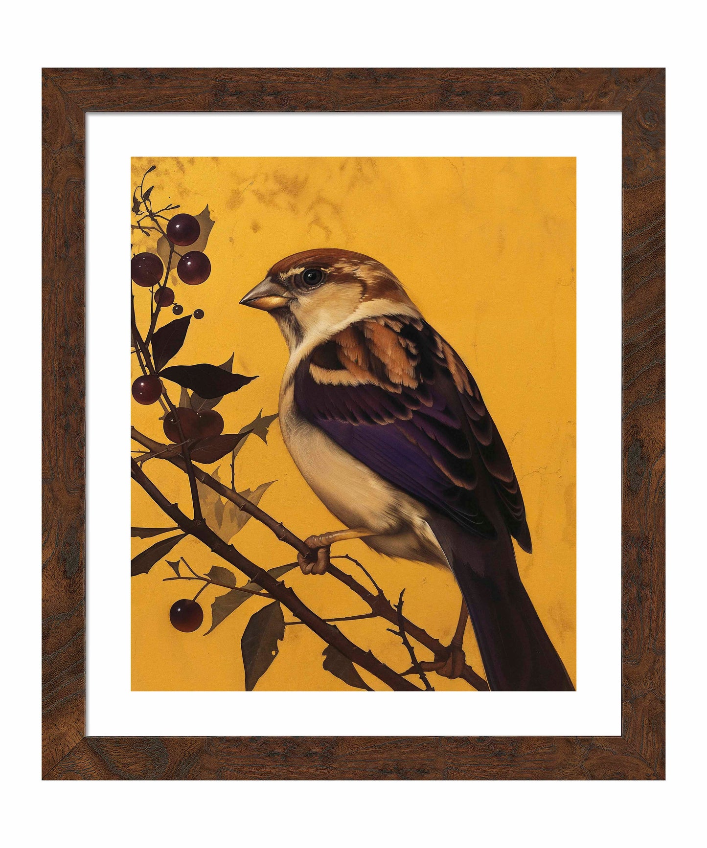 Golden Perch - Sparrow Among Dark Berries - Art Prints