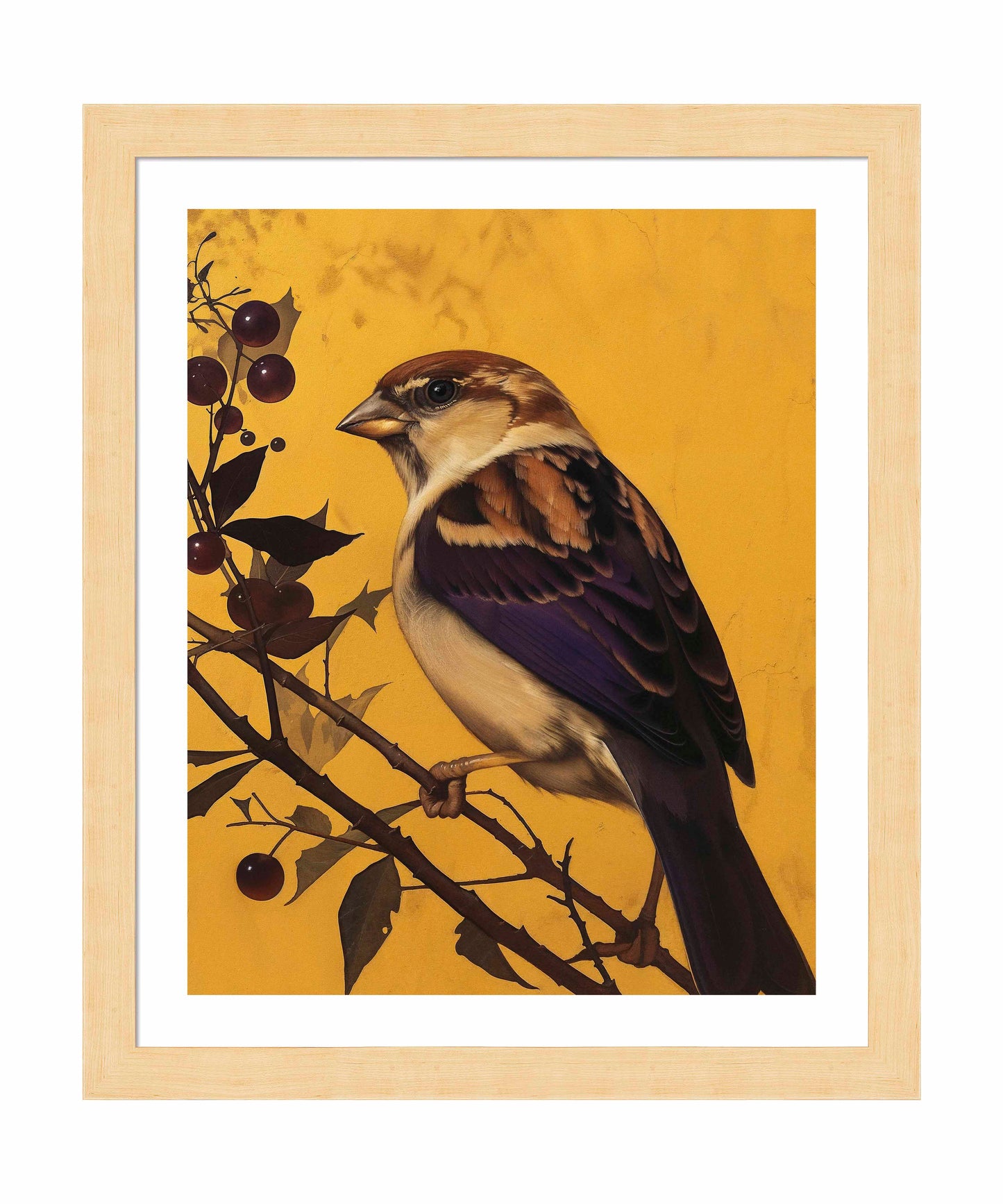 Golden Perch - Sparrow Among Dark Berries - Art Prints