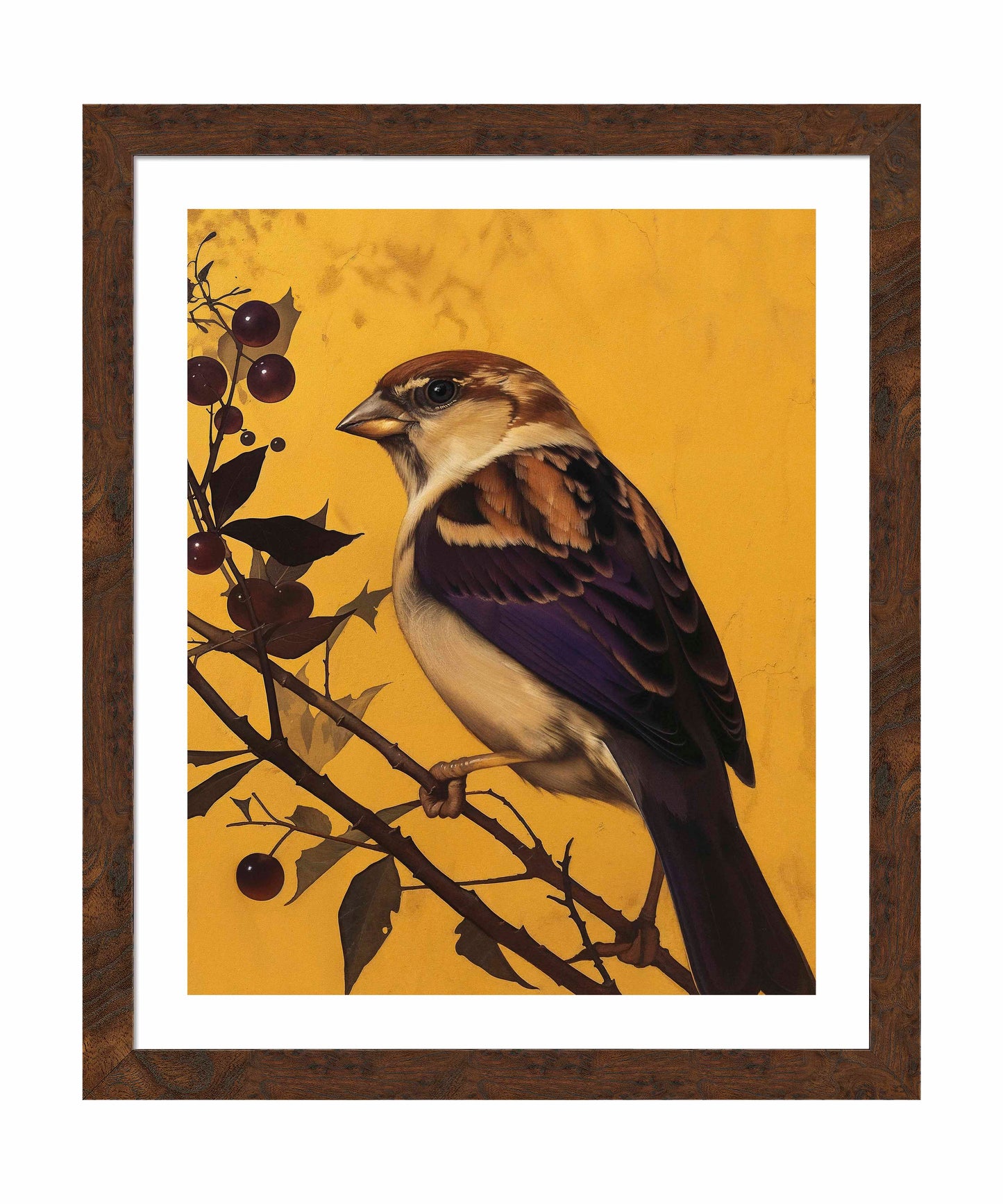 Golden Perch - Sparrow Among Dark Berries - Art Prints