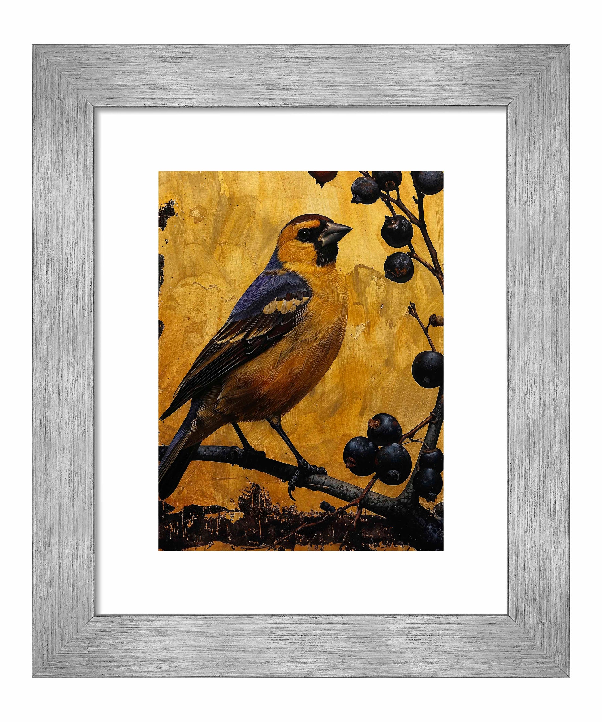 175512_FRA Gilded Harmony - Finch Among Berries  9X12 Salerno Silver Framed Paper Print.jpg