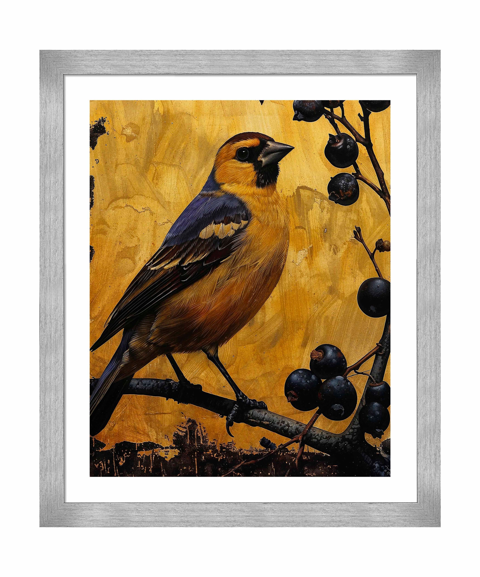 175521_FRA Gilded Harmony - Finch Among Berries  24X30 Salerno Silver Framed Paper Print Front.jpg