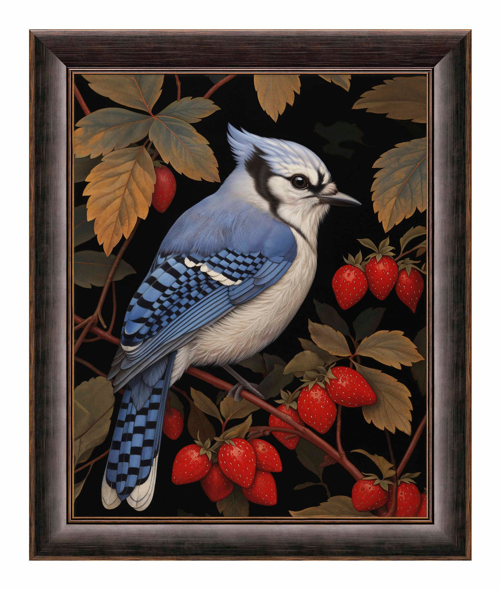 Berry Bliss - Blue Jay in Strawberry Patch - Limited Edition Canvas