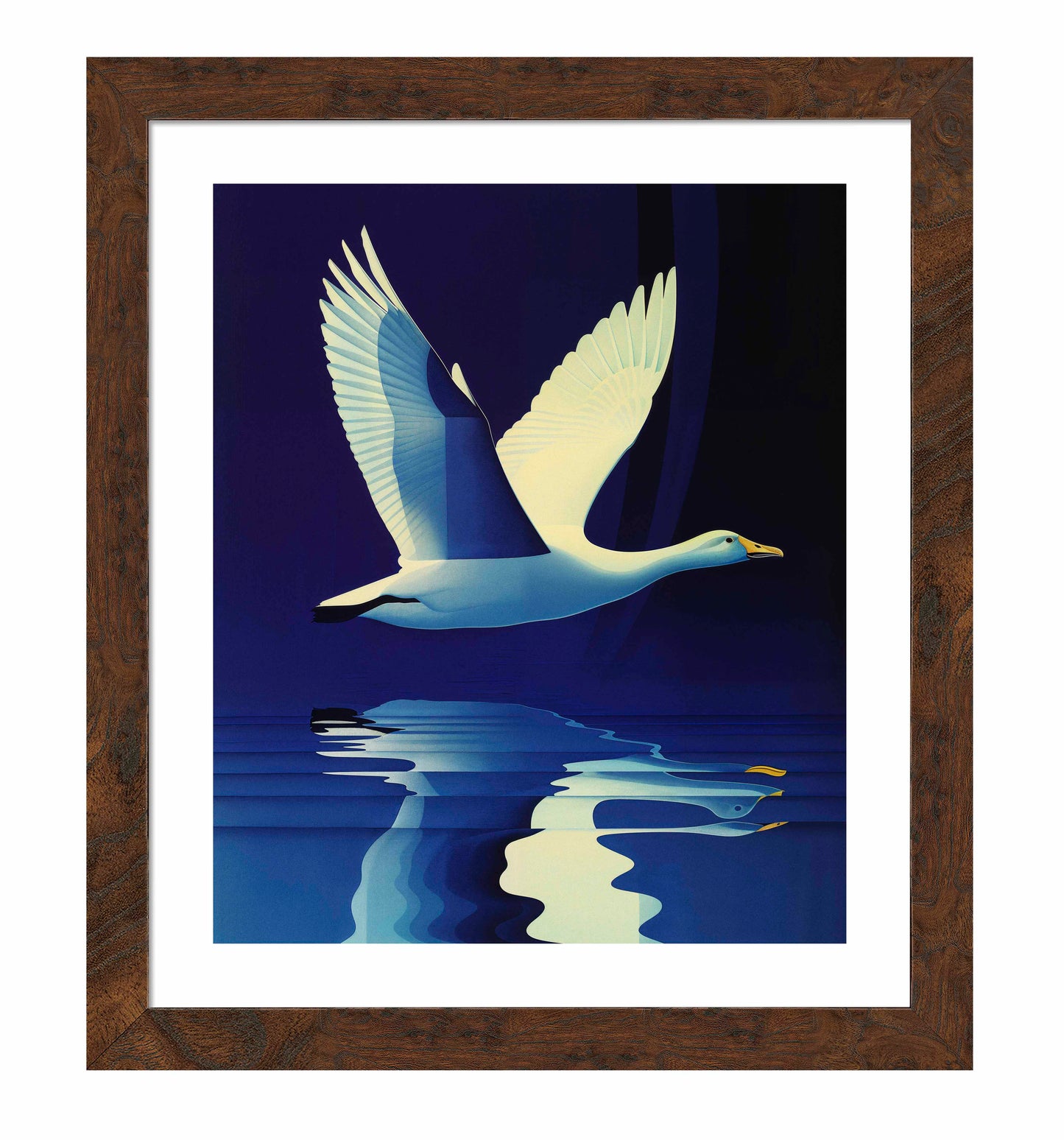 Reflections in Flight - Swan Over Tranquil Waters - Art Prints