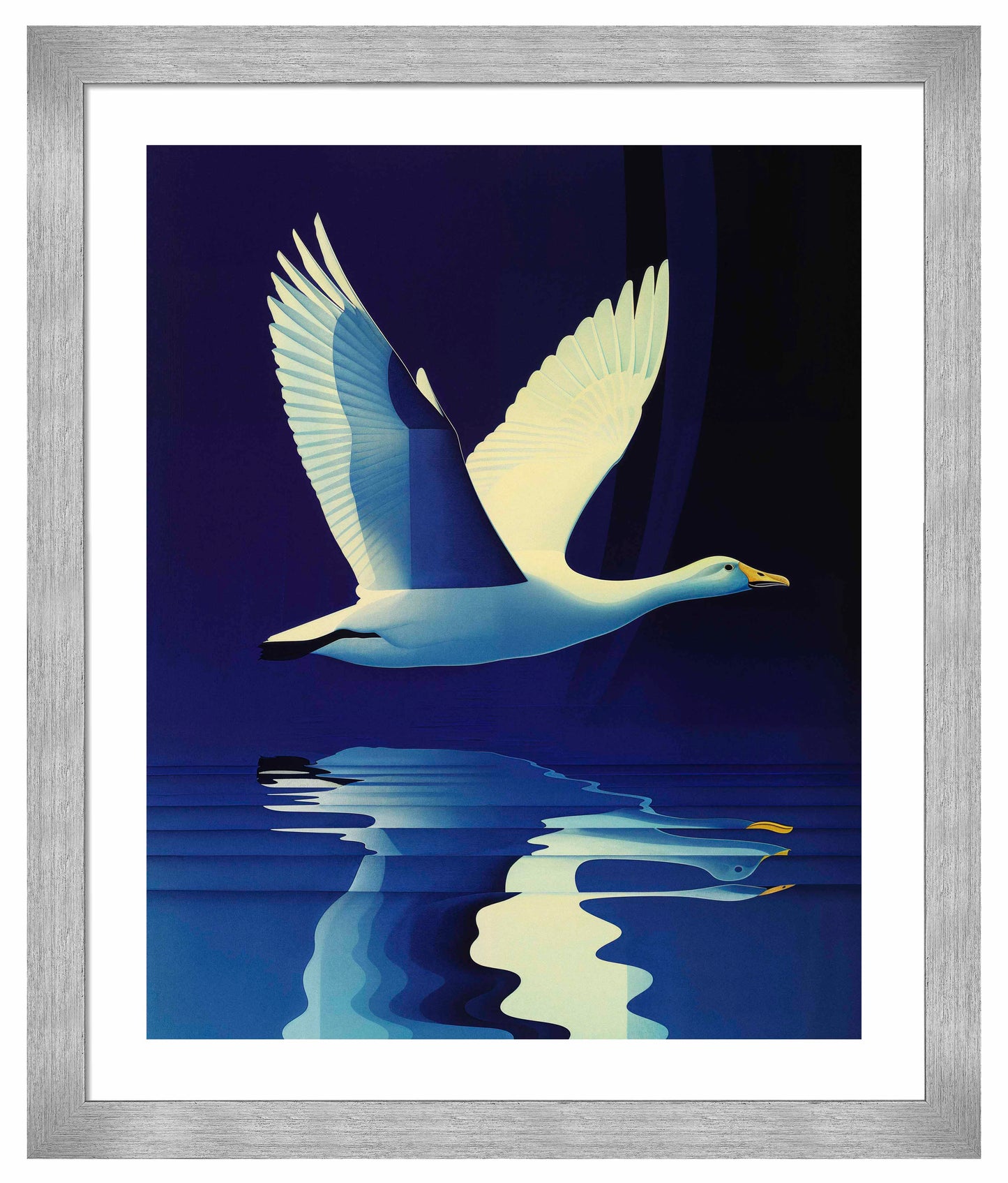Reflections in Flight - Swan Over Tranquil Waters - Art Prints