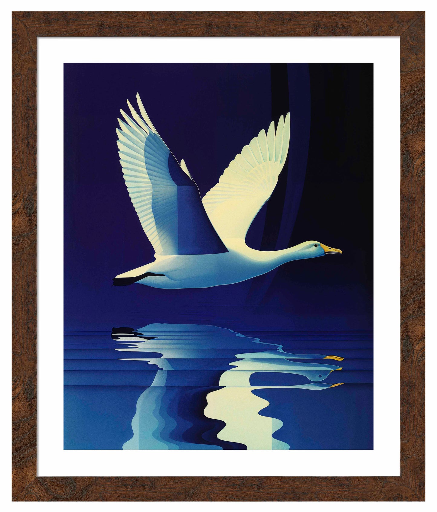 Reflections in Flight - Swan Over Tranquil Waters - Art Prints