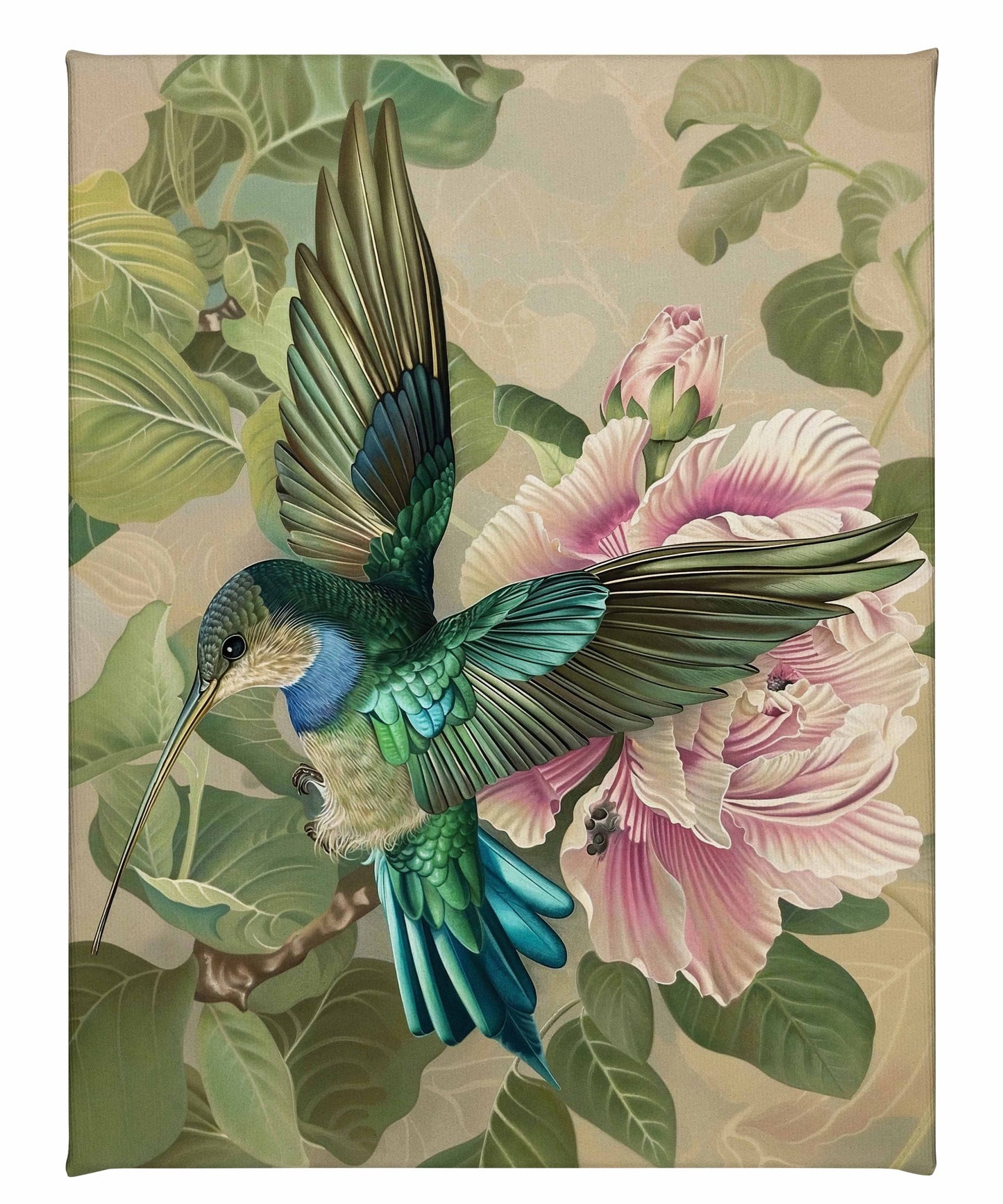 Emerald Flight - Hummingbird Among Hibiscus - Gallery Wrapped Canvas