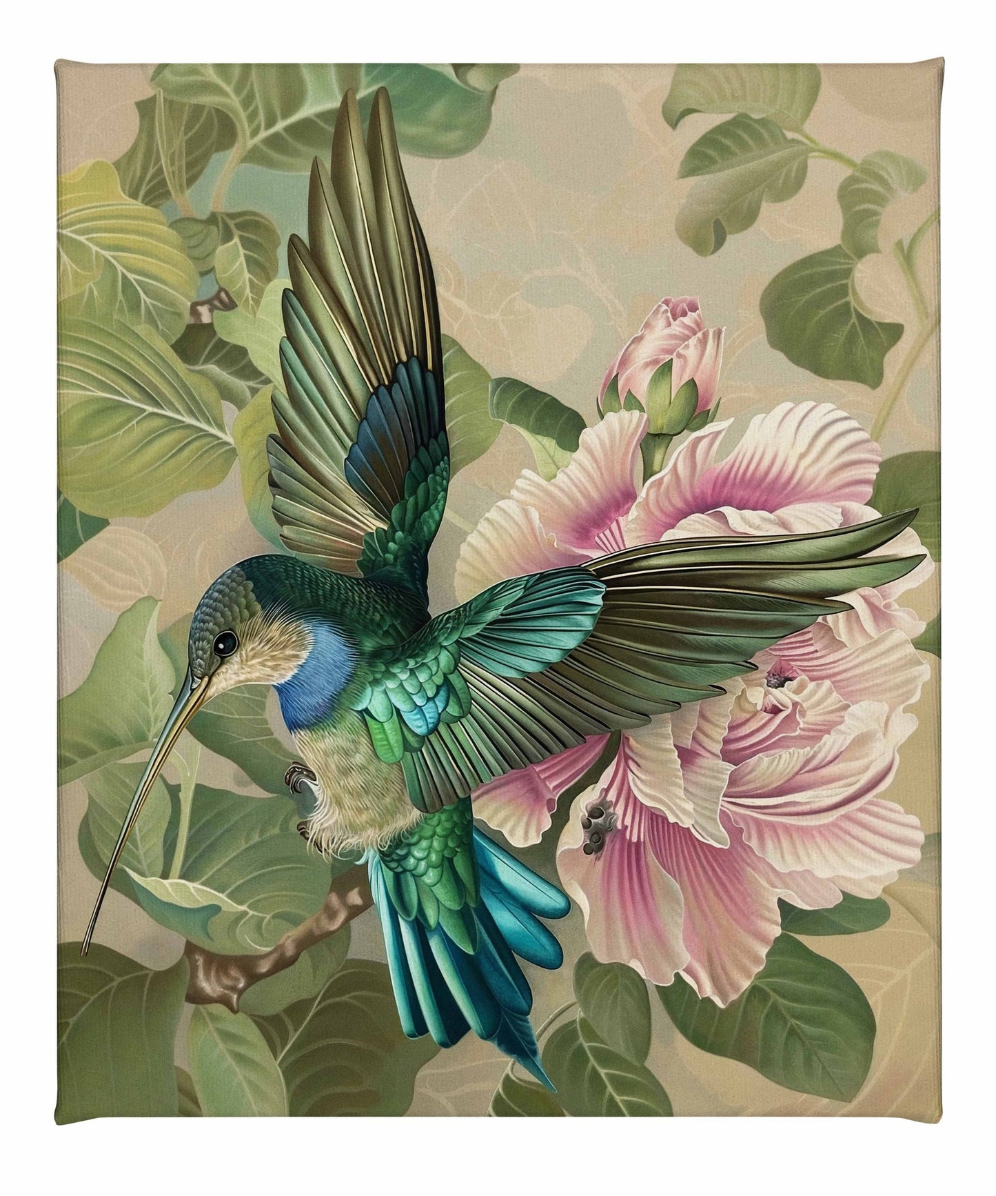 Emerald Flight - Hummingbird Among Hibiscus - Gallery Wrapped Canvas