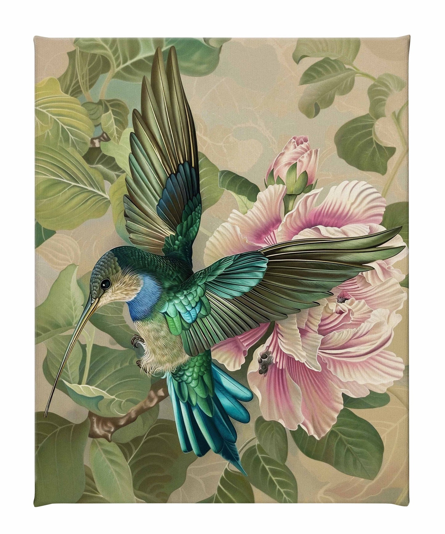 Emerald Flight - Hummingbird Among Hibiscus - Gallery Wrapped Canvas