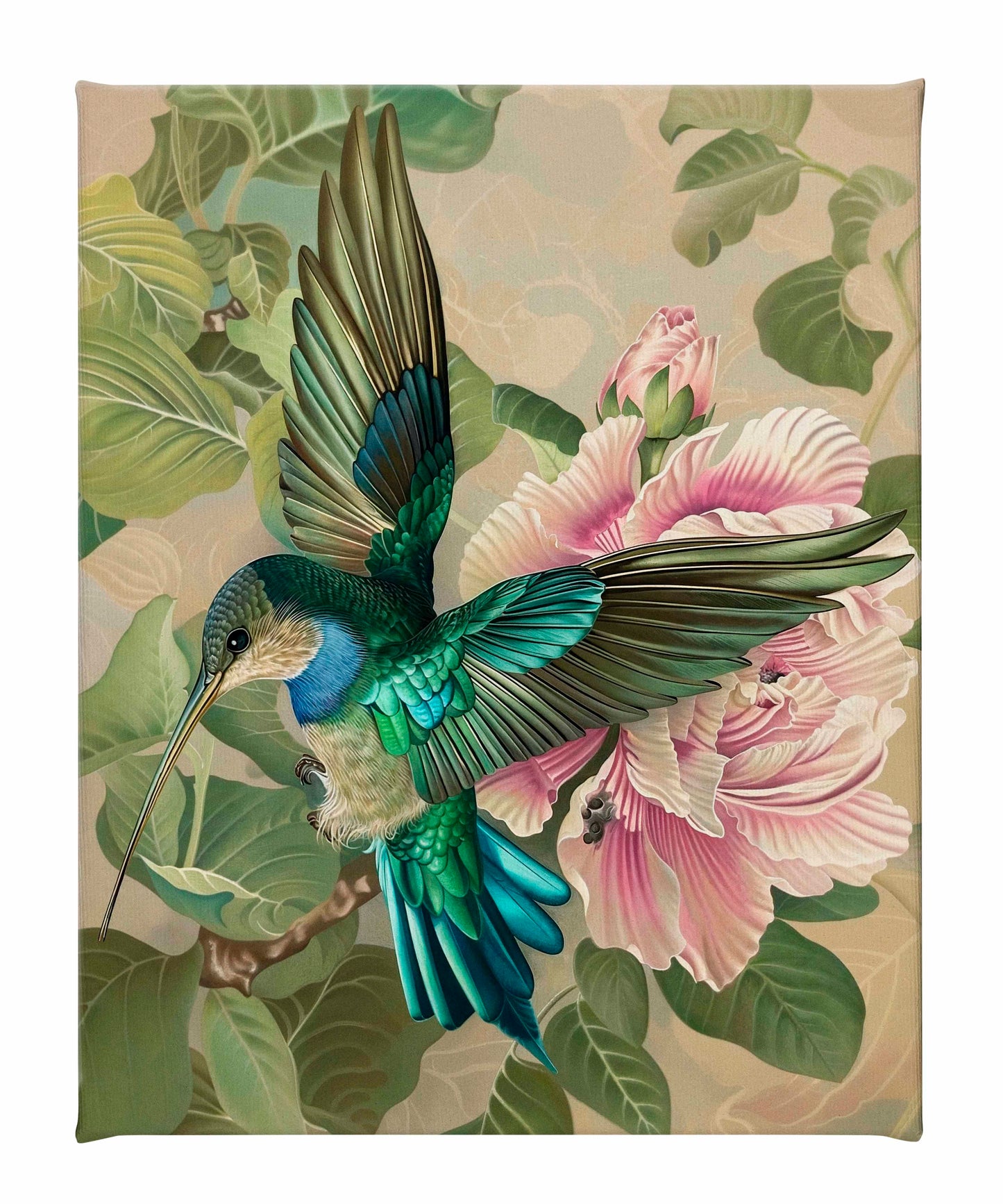 Emerald Flight - Hummingbird Among Hibiscus - Gallery Wrapped Canvas