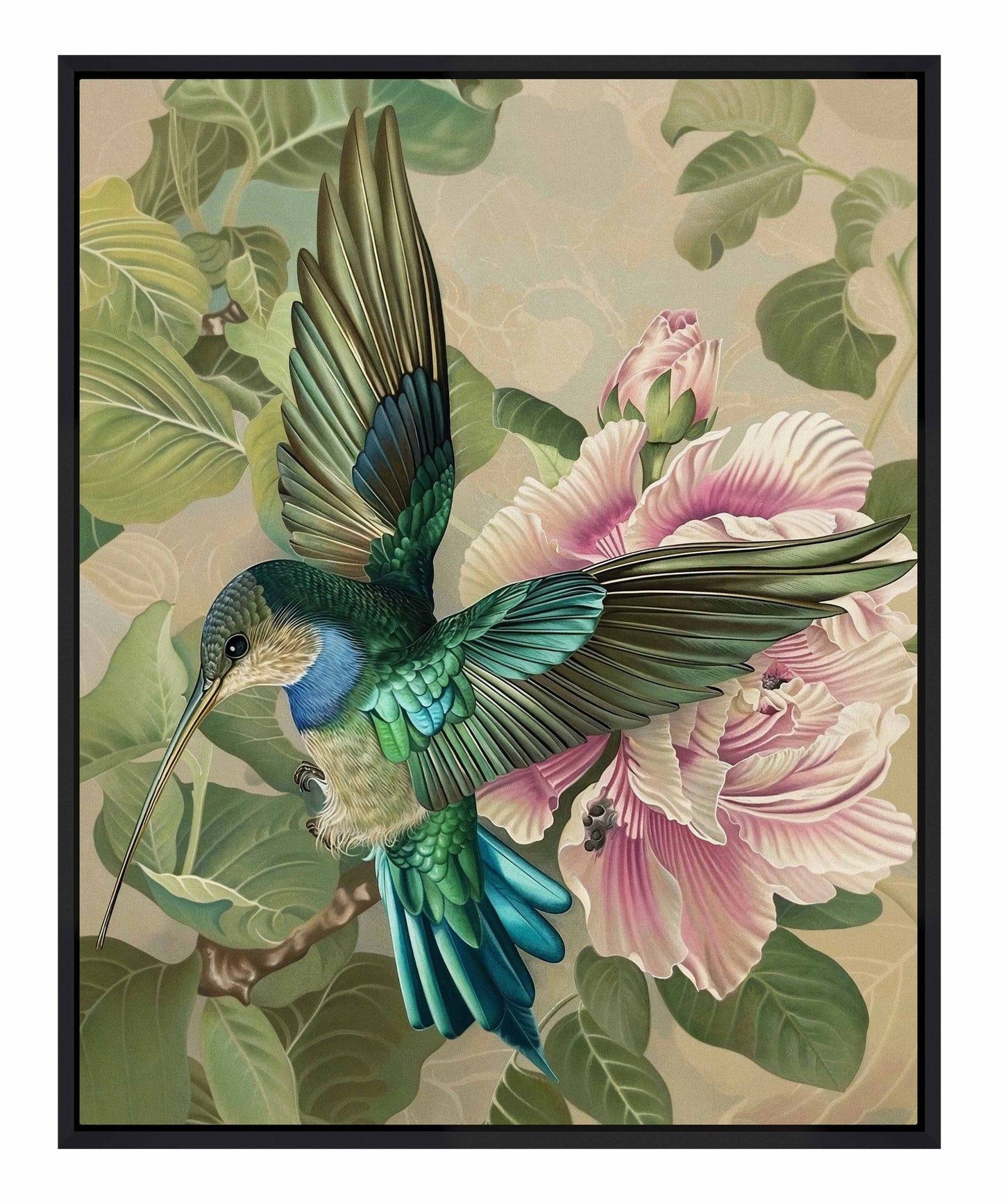 Emerald Flight - Hummingbird Among Hibiscus - Gallery Wrapped Canvas