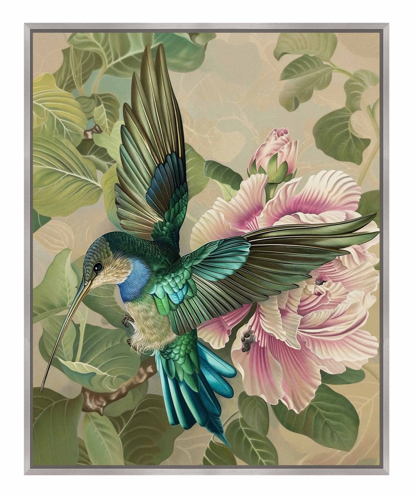 Emerald Flight - Hummingbird Among Hibiscus - Gallery Wrapped Canvas