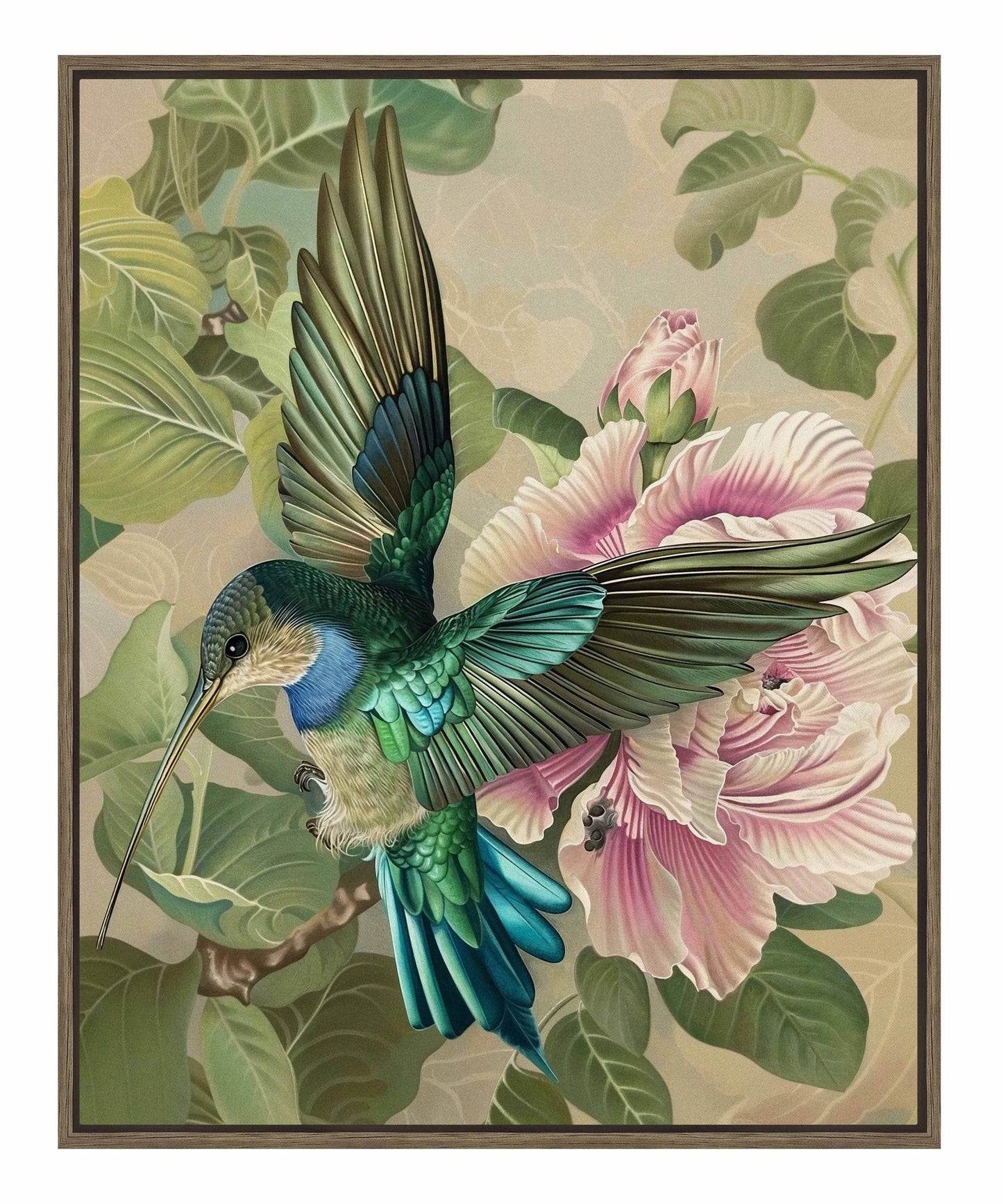 Emerald Flight - Hummingbird Among Hibiscus - Gallery Wrapped Canvas