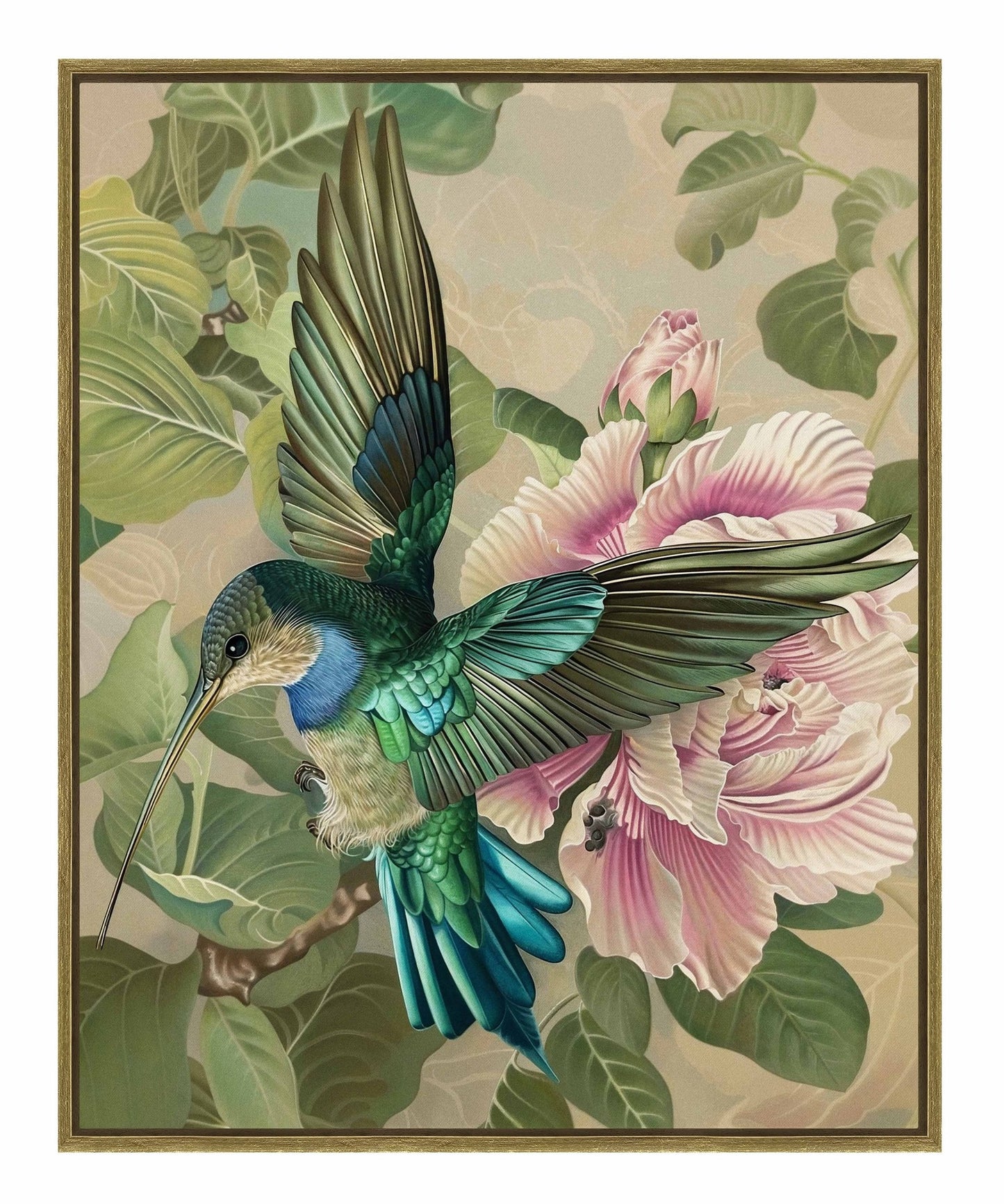 Emerald Flight - Hummingbird Among Hibiscus - Gallery Wrapped Canvas