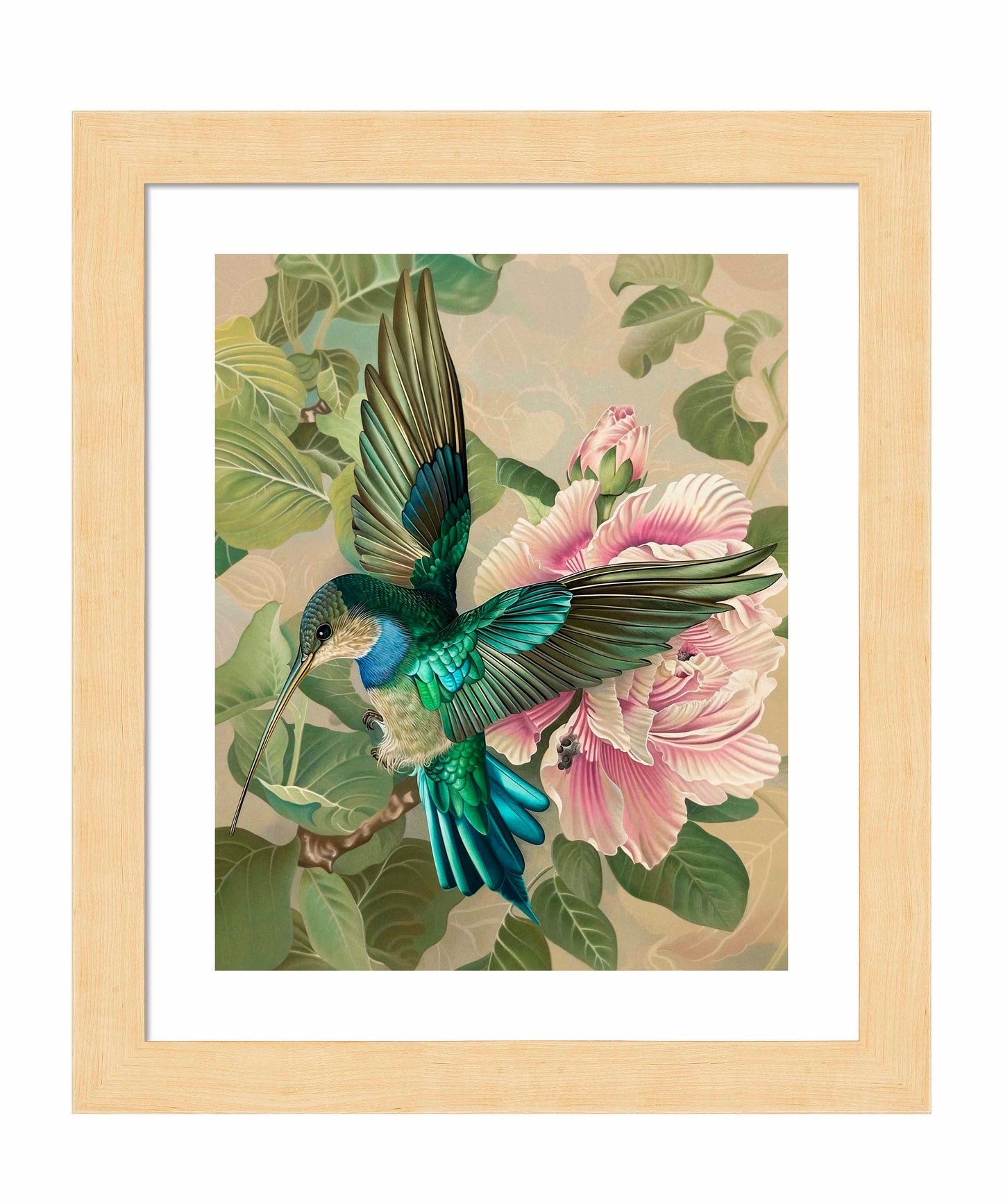 Emerald Flight - Hummingbird Among Hibiscus - Art Prints