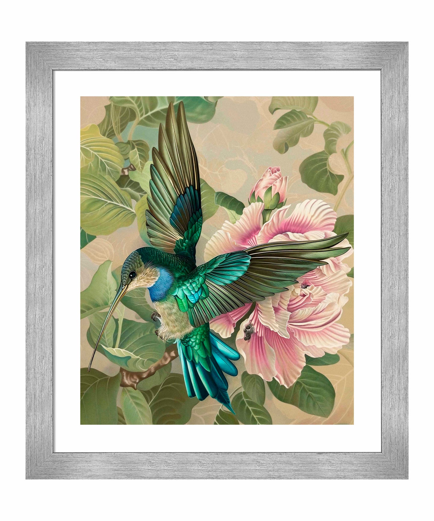 Emerald Flight - Hummingbird Among Hibiscus - Art Prints