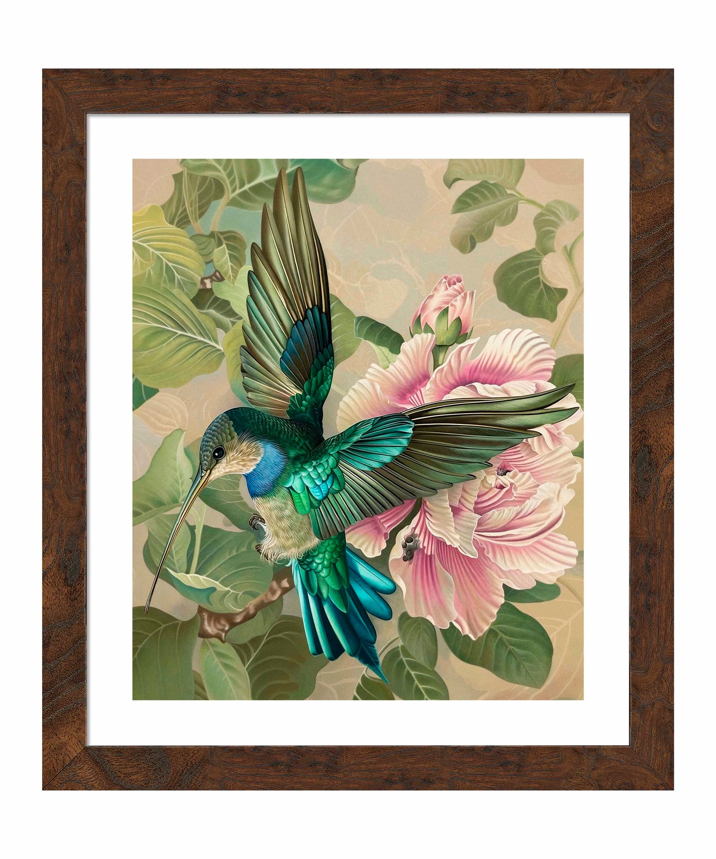 Emerald Flight - Hummingbird Among Hibiscus - Art Prints