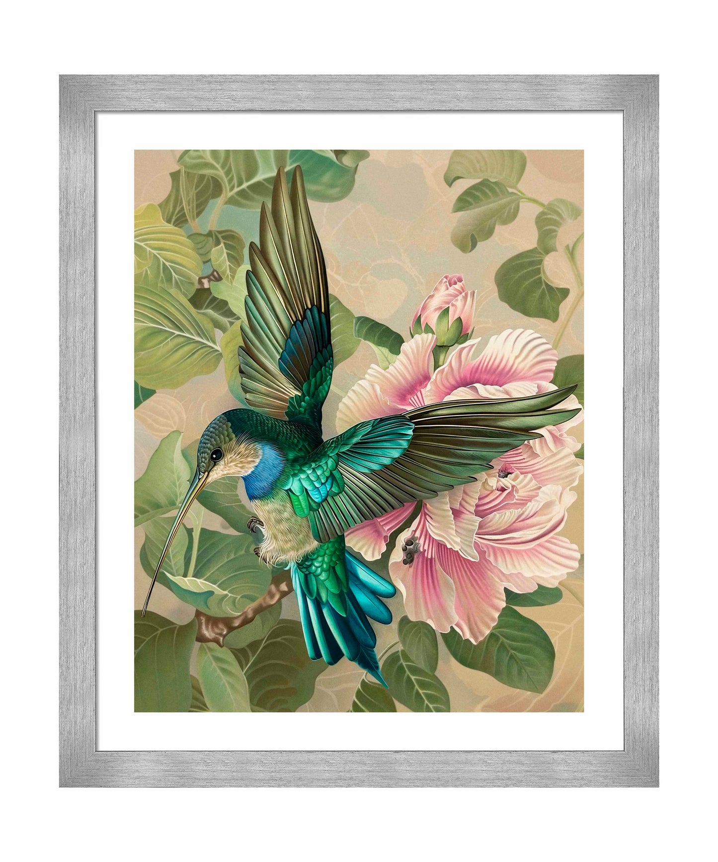 Emerald Flight - Hummingbird Among Hibiscus - Art Prints
