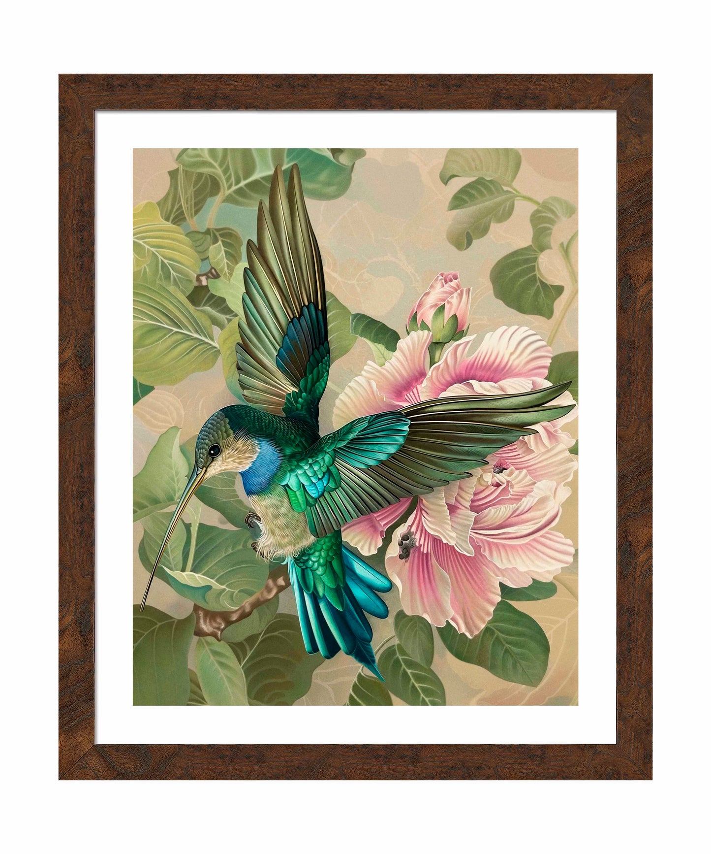 Emerald Flight - Hummingbird Among Hibiscus - Art Prints