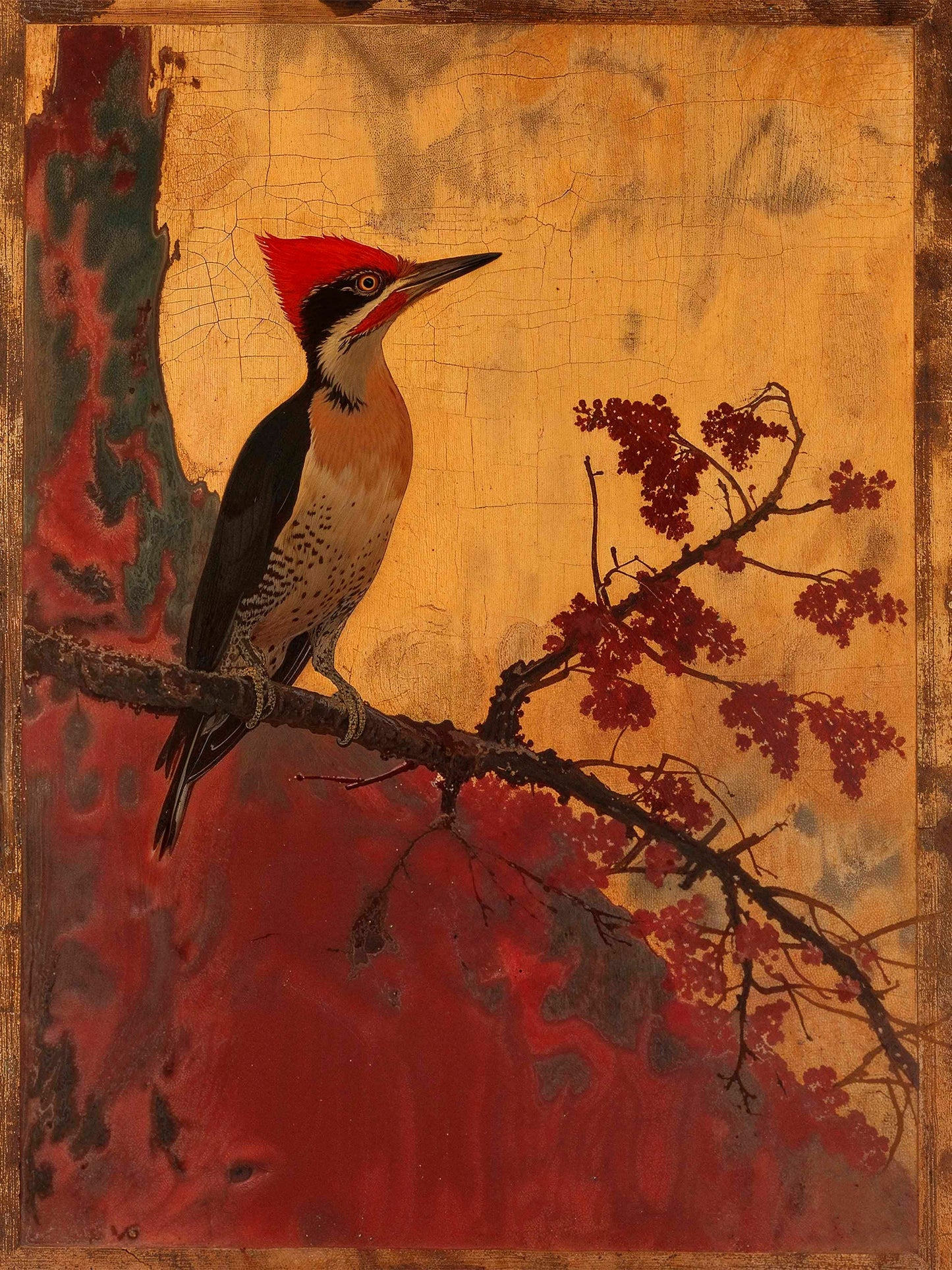 Echoes of Silk - Woodpecker in Autumn Splendor - Limited Edition Canvas