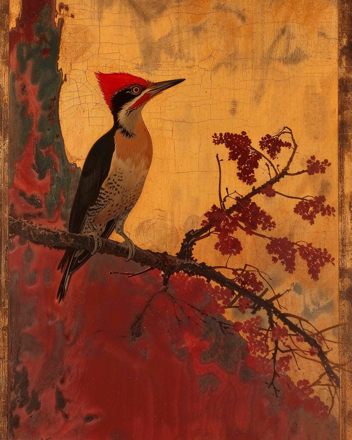 Echoes of Silk - Woodpecker in Autumn Splendor - Limited Edition Canvas