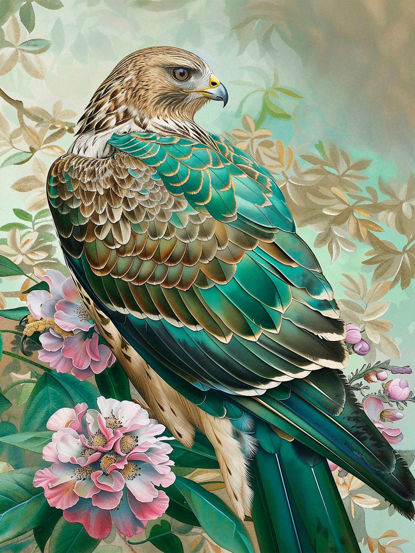 Emerald Majesty - Hawk Amidst Blossoms - Limited Edition Canvas