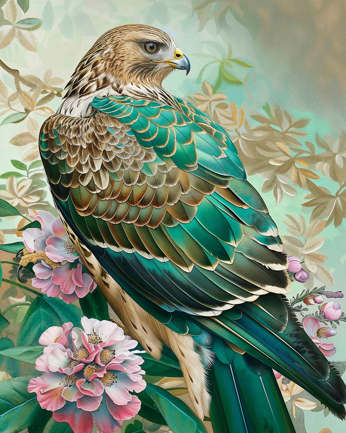 Emerald Majesty - Hawk Amidst Blossoms - Limited Edition Canvas