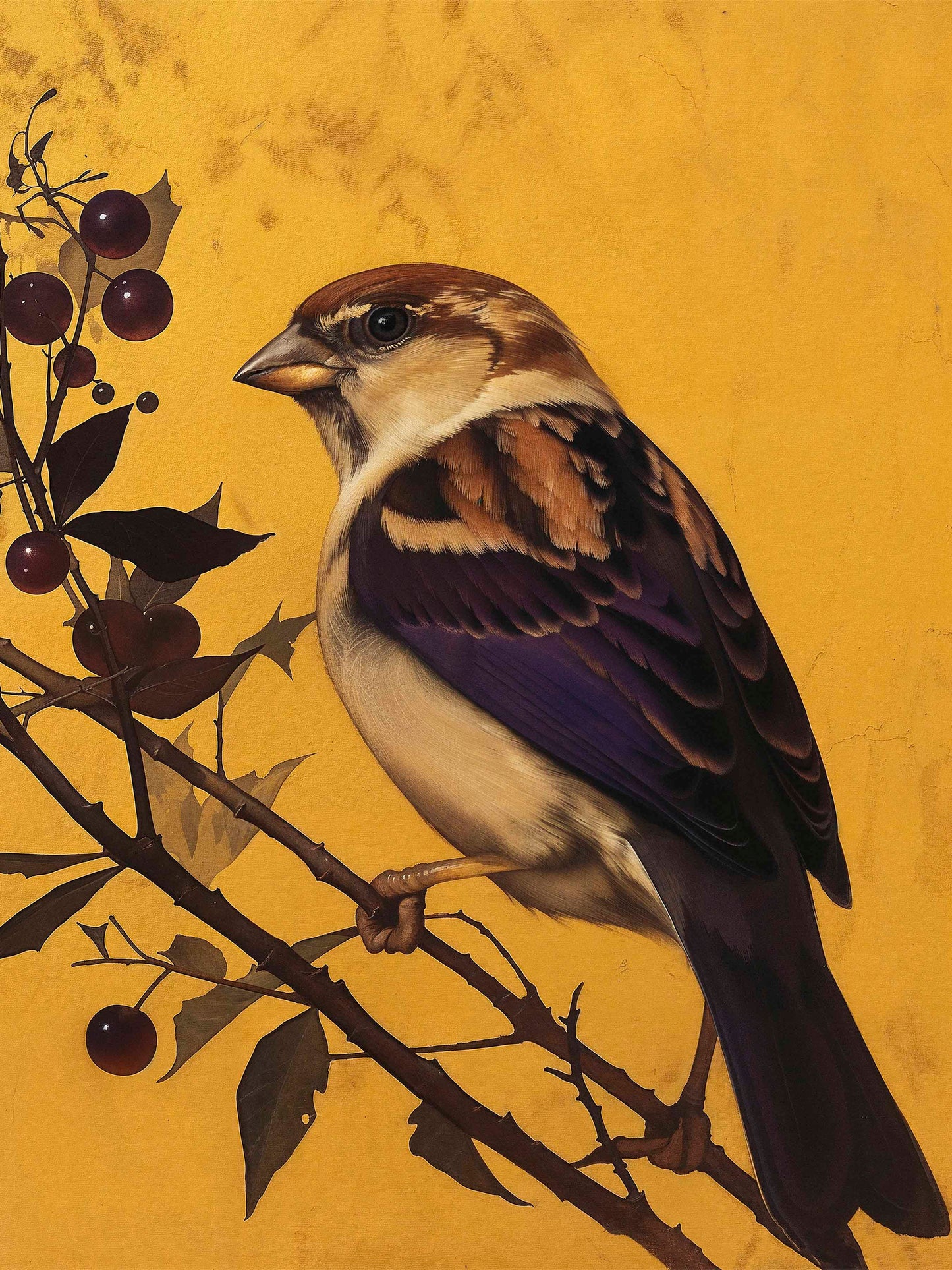 Golden Perch - Sparrow Among Dark Berries - Limited Edition Canvas